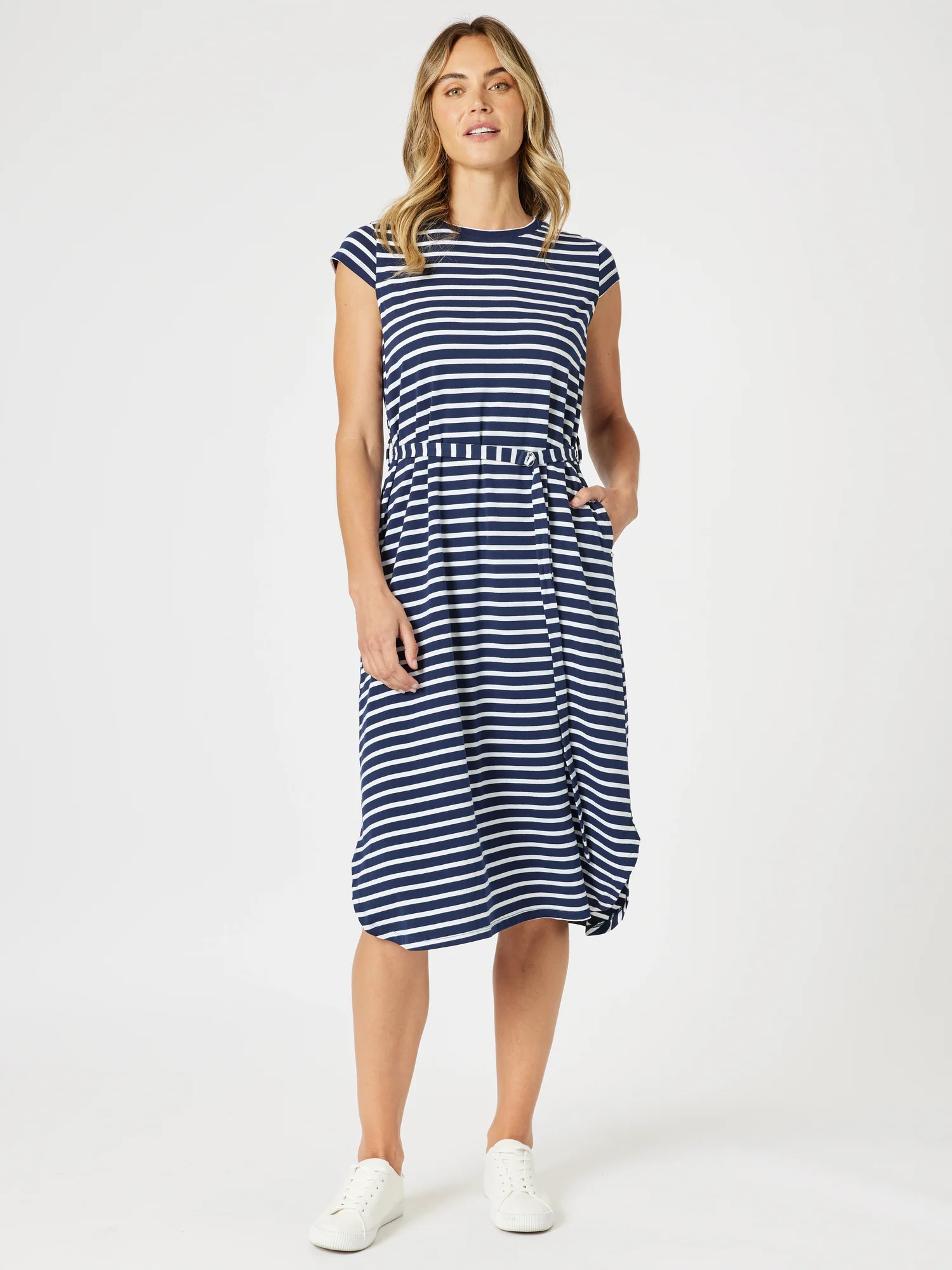 Nautical Stripe Print Dress - Navy/White