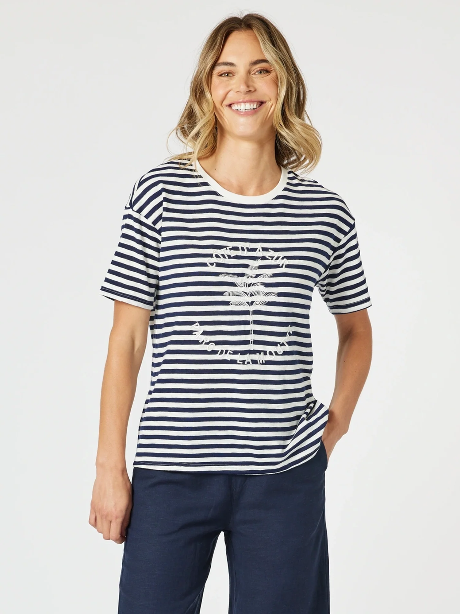 Cote d'Azur Stripe Print Tee - Navy/White