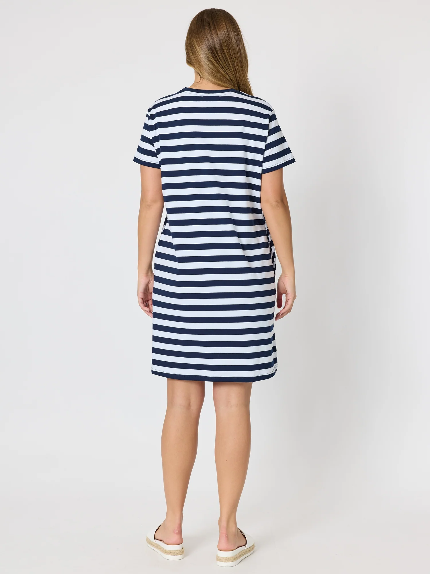 Red Bow Stripe Print Dress - Navy/White