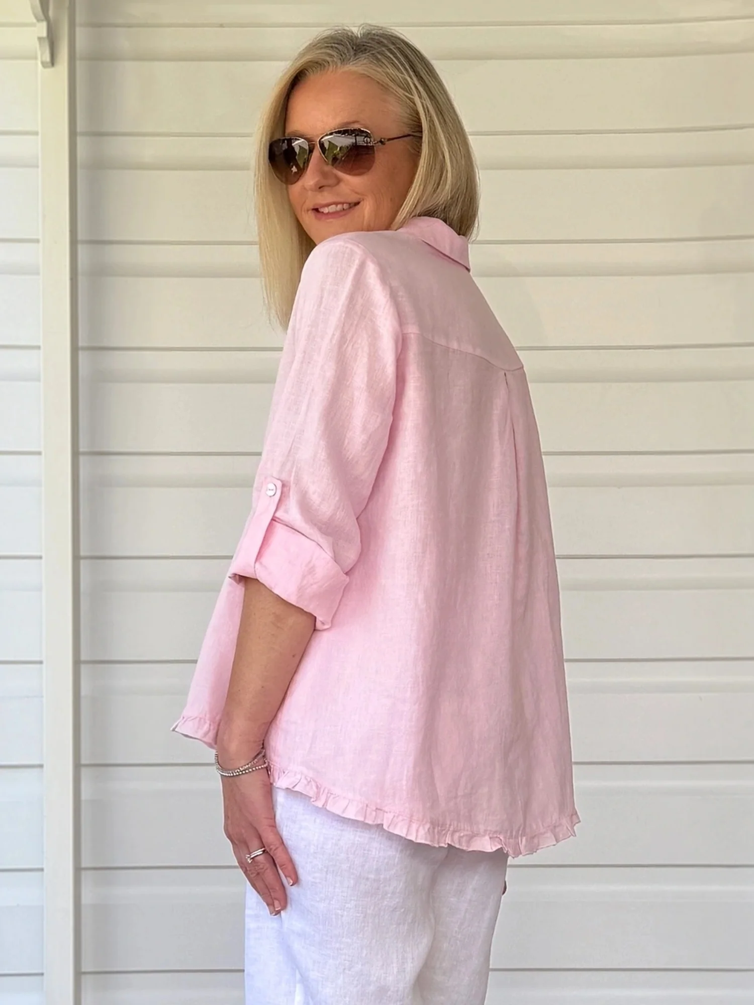 Ruffle Hem Linen Shirt - Pink