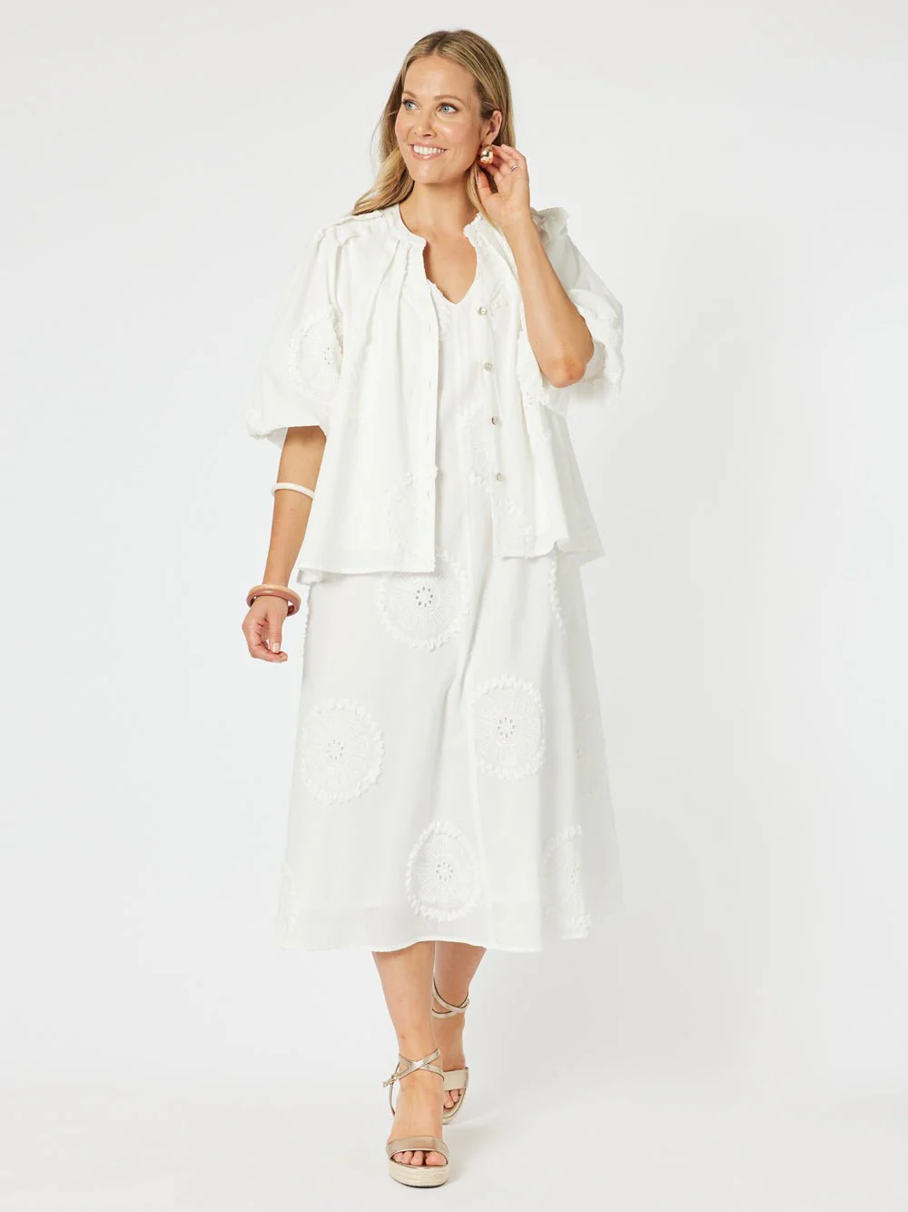 Emanuella Embroidered Sleeveless Dress - White