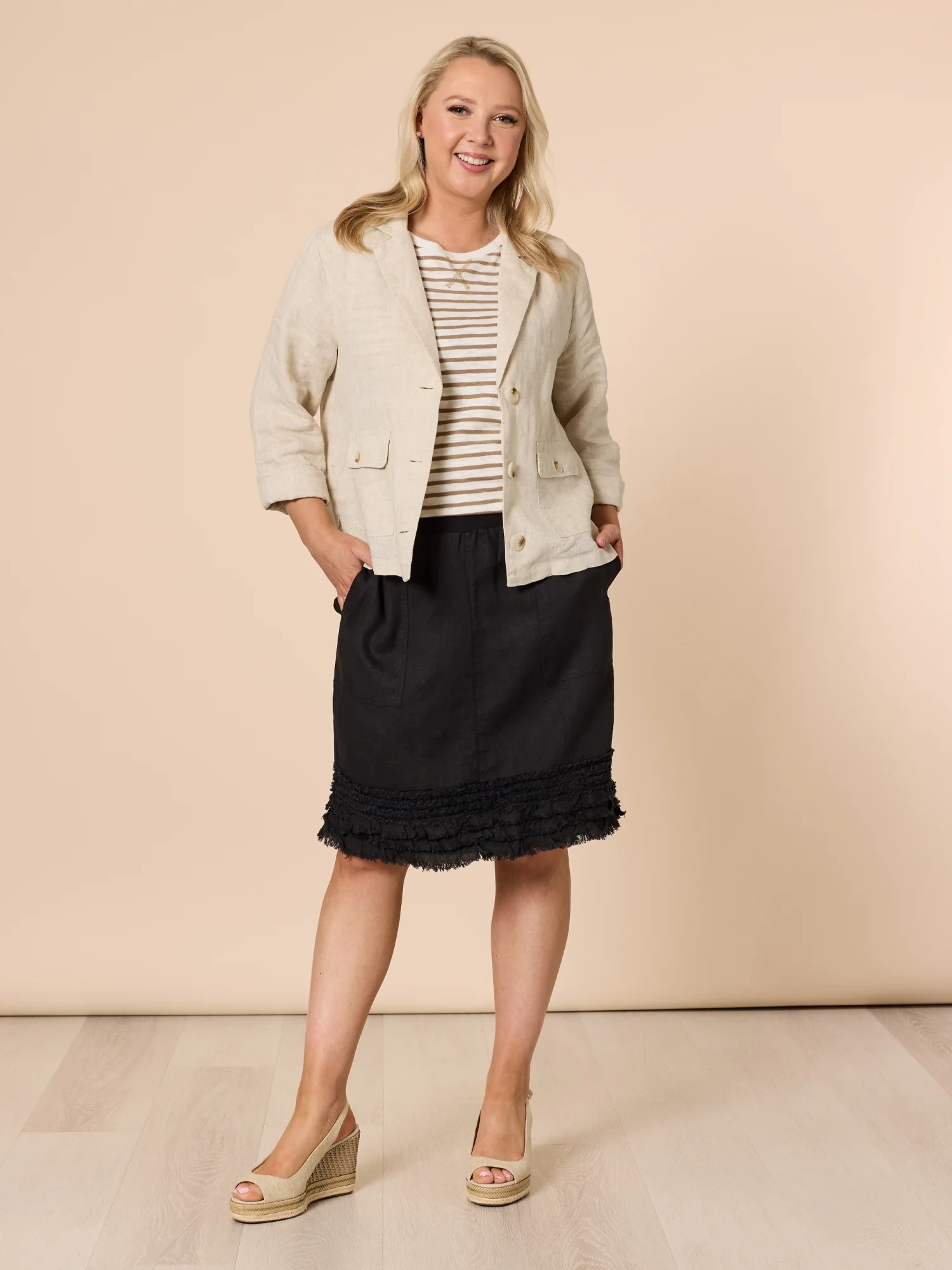 Mimi Linen Ruffle Hem Skirt - Black