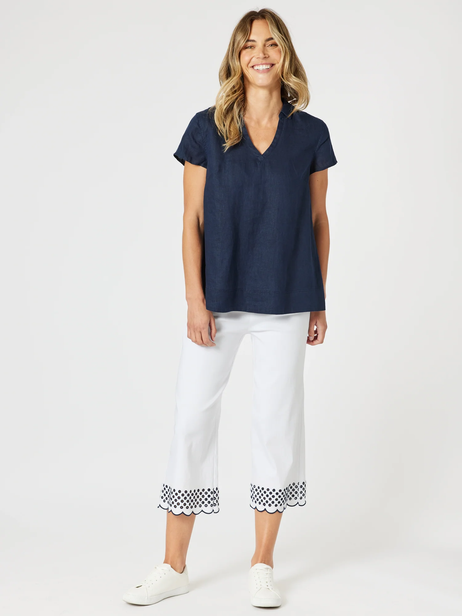 Scallop Hem Pant - White/Navy