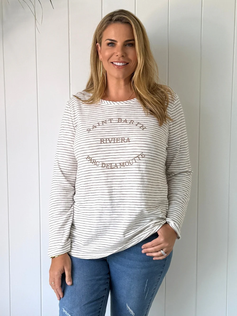 Riviera Long Sleeve Stripe Print Tee - Natural/White