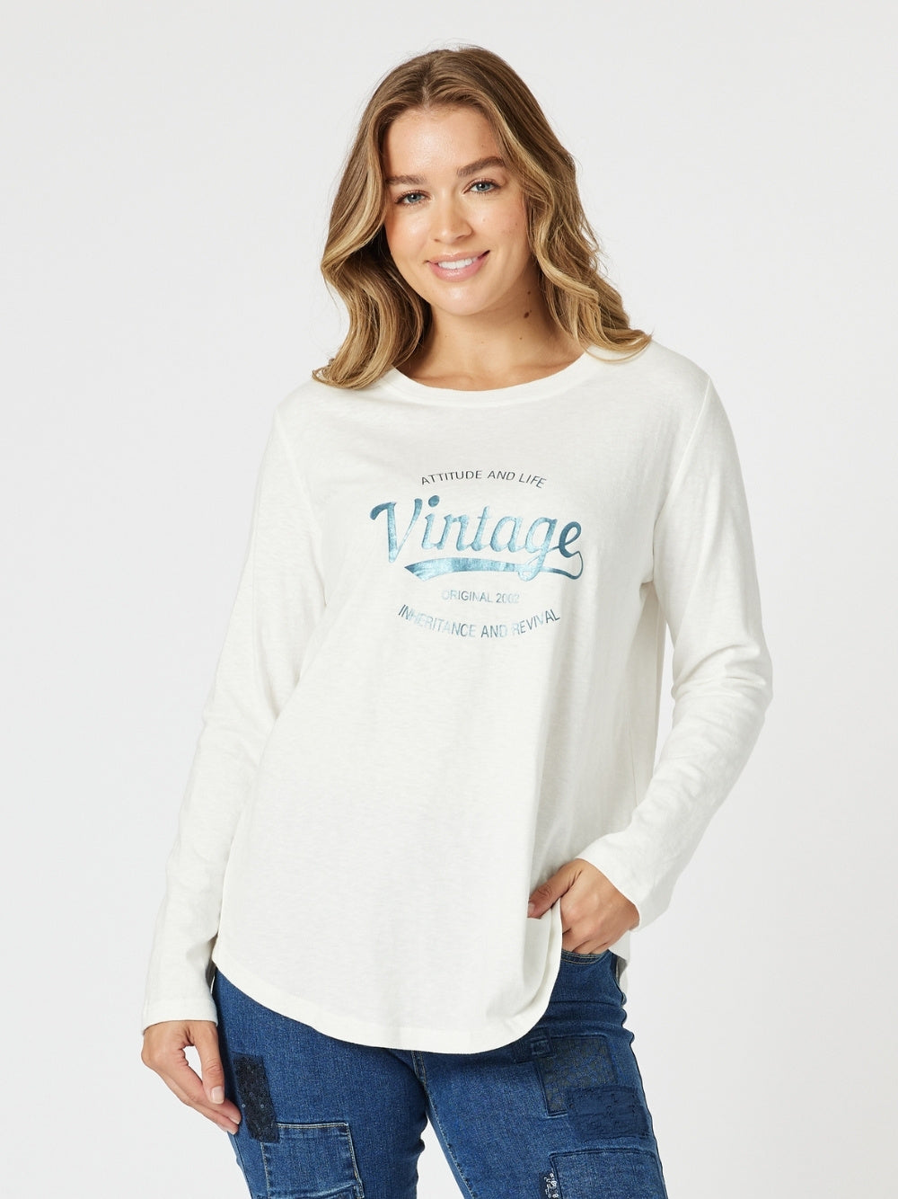 Vintage Long Sleeve Print Tee - White/Denim