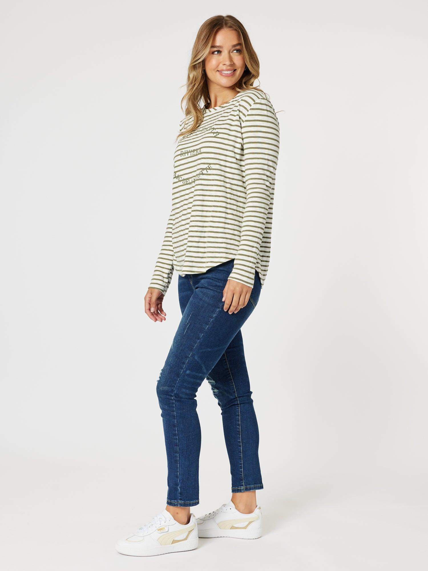 Riviera Stripe Print Long Sleeve Tee - Khaki/White
