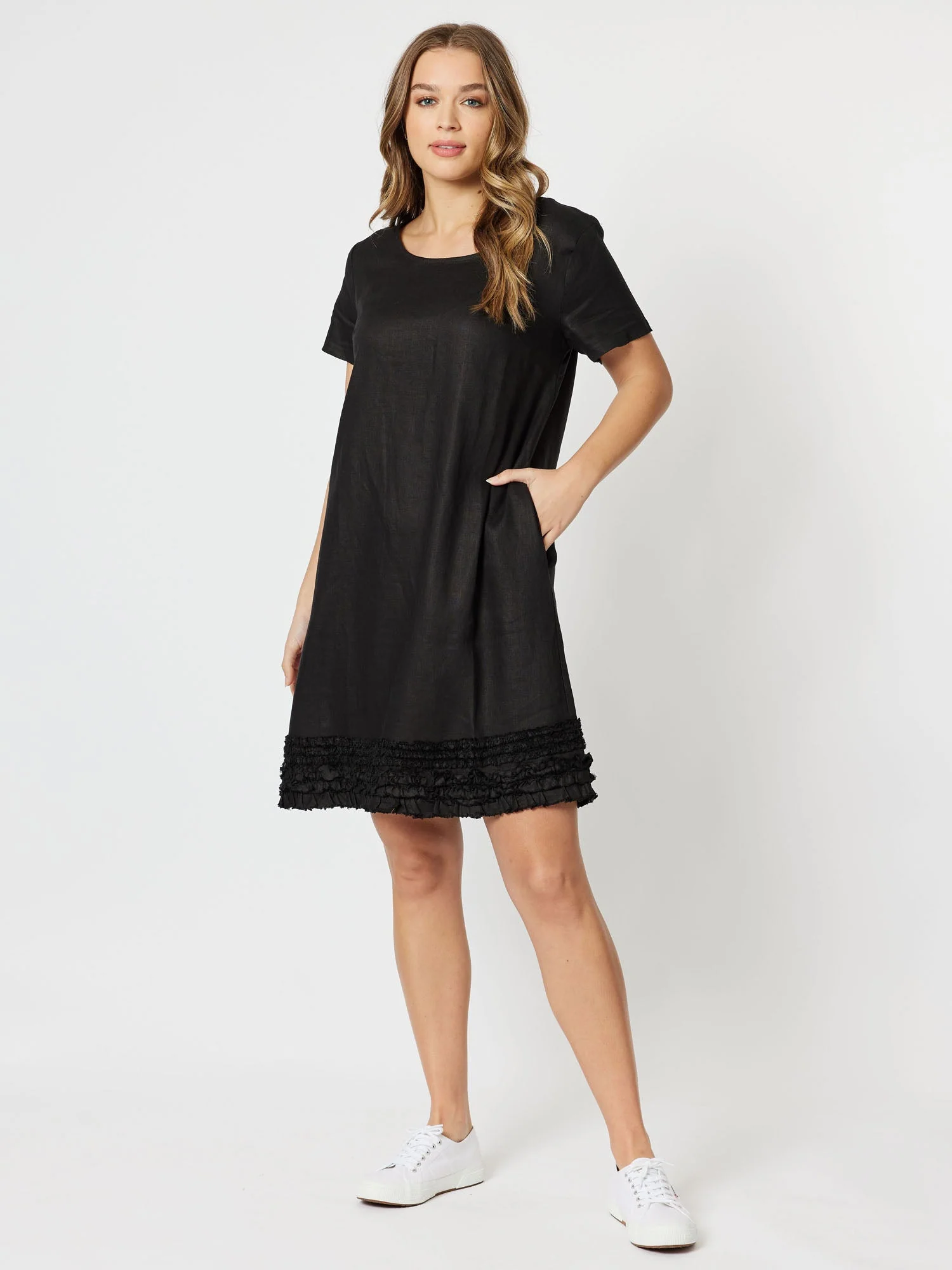 Ruffle Hem Linen Dress Scoop Neck - Black