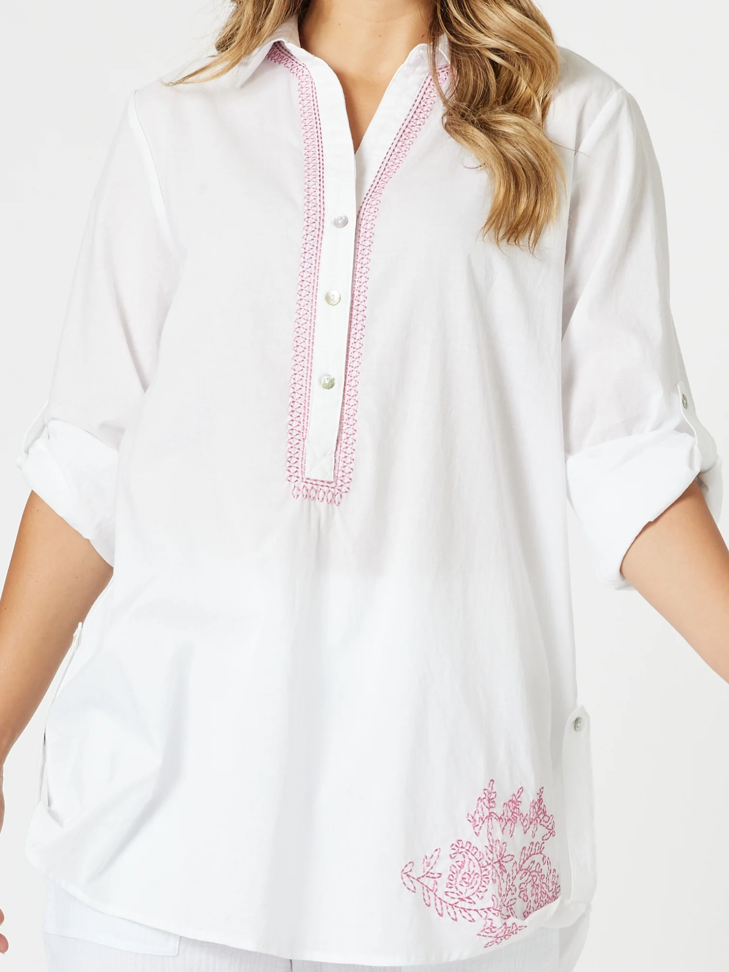 Bella Embroidered Top - White/Pink