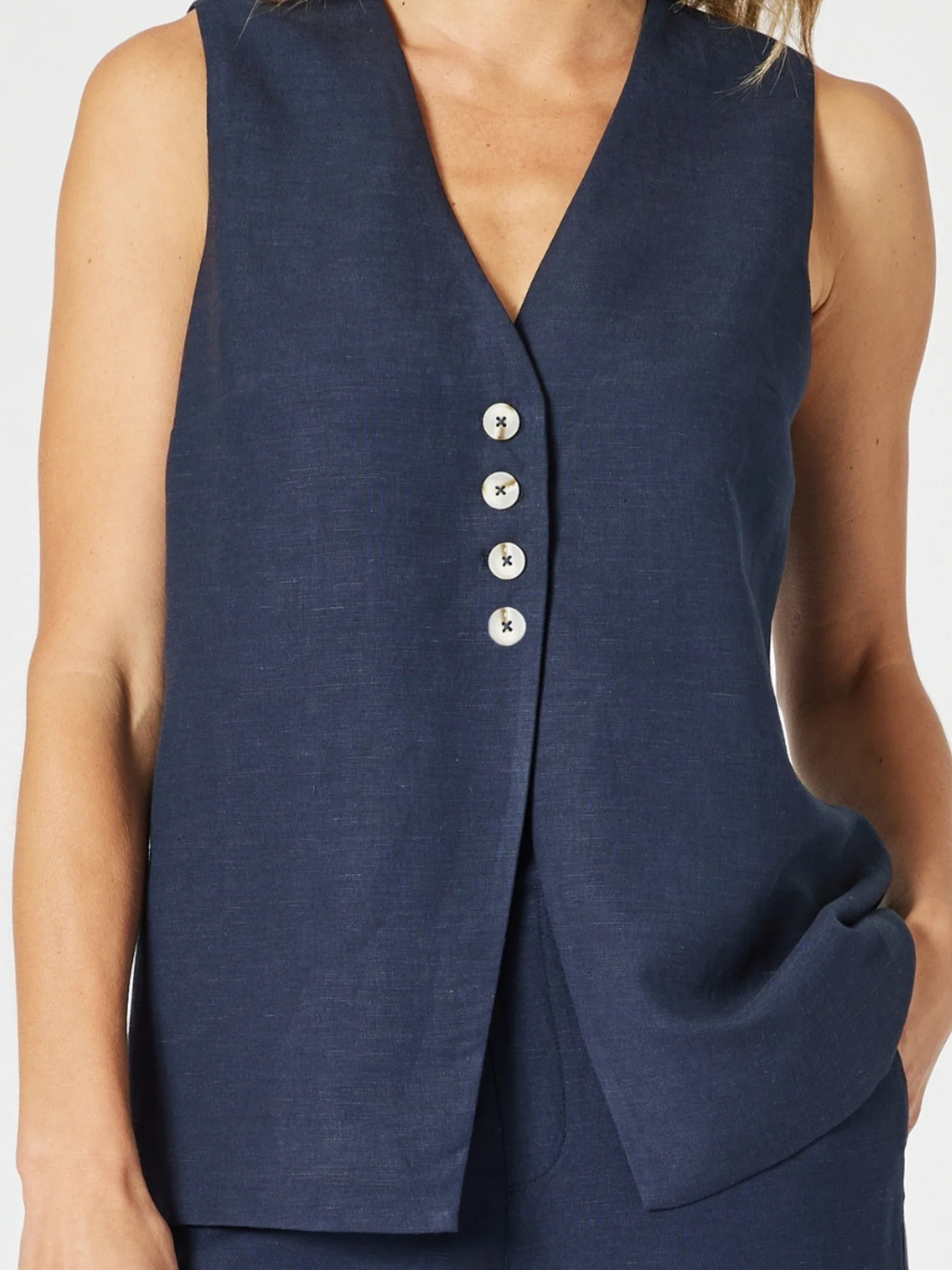Lino Long Vest - Navy