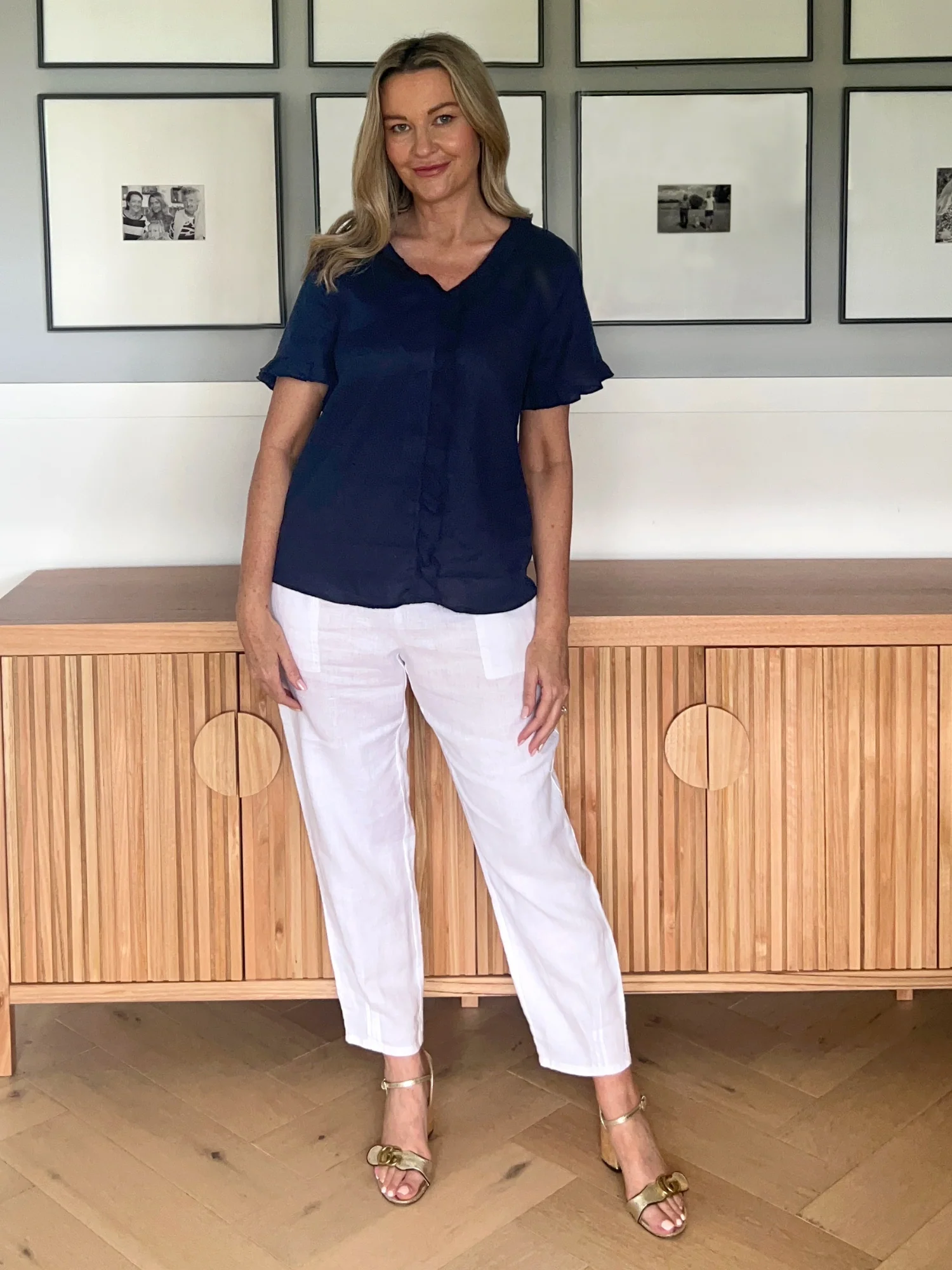 Tiffany Ruffle Linen Top - Navy