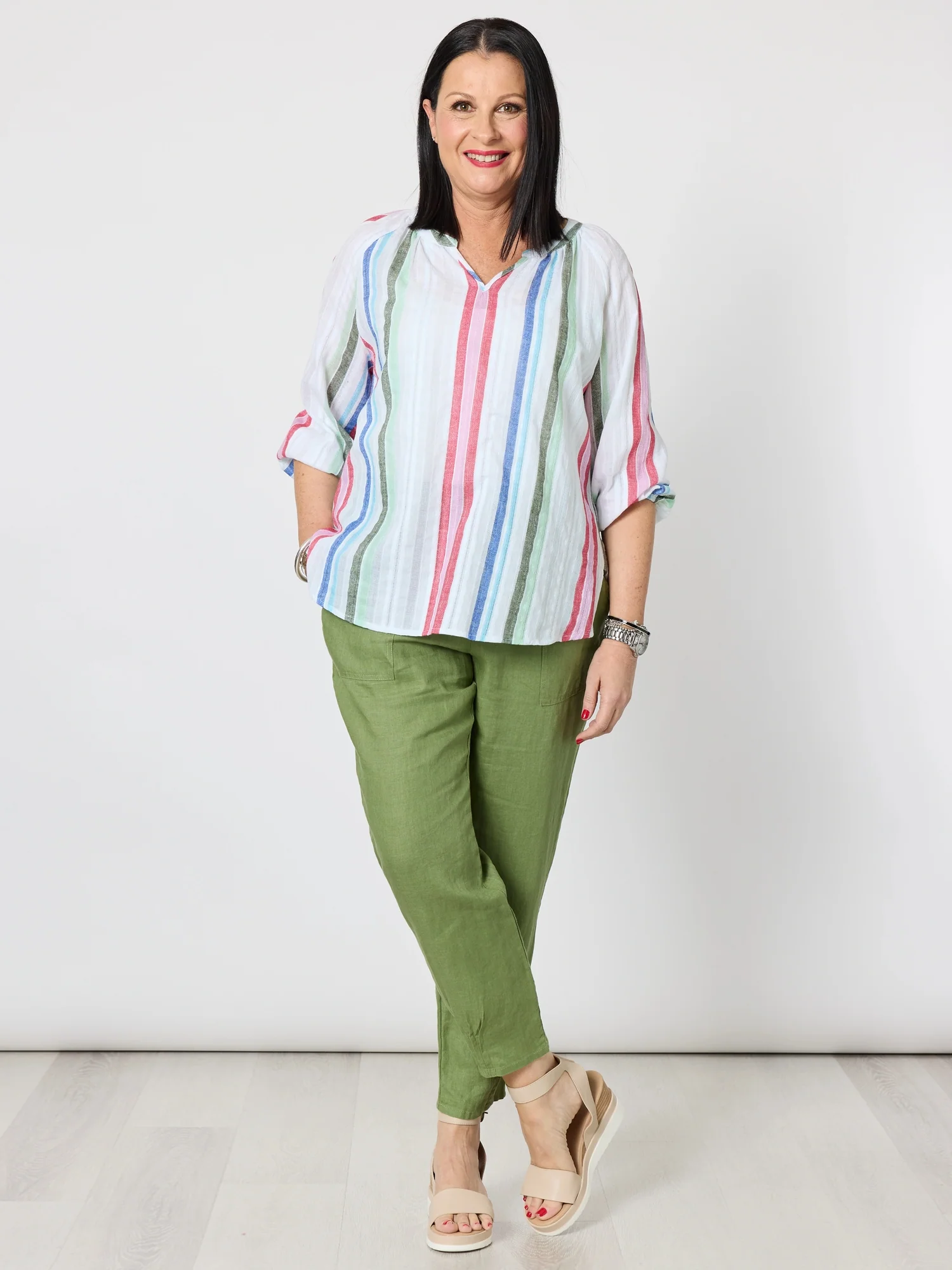 Sarah Linen Pleat Hem Pant - Basil