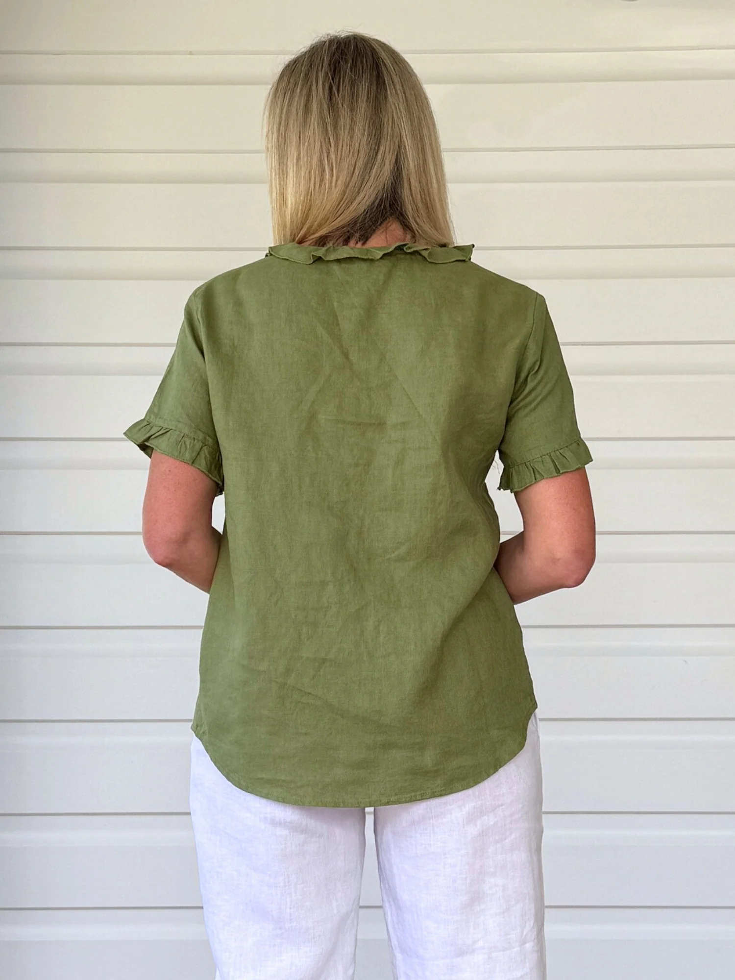 Tiffany Ruffle Linen Top - Basil