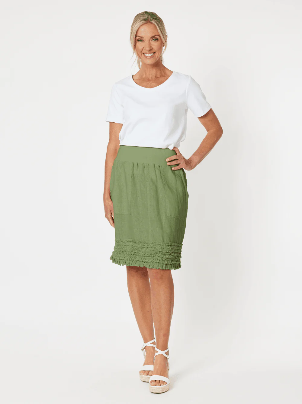 Mimi Linen Ruffle Hem Skirt - Khaki