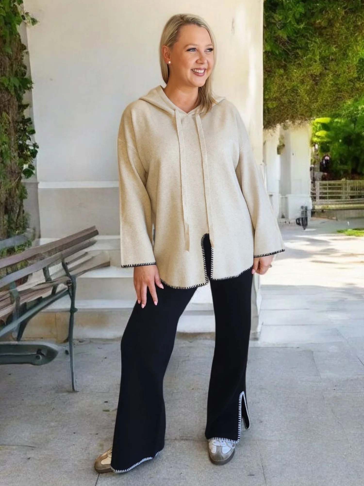 Cosy Hooded Split Front Knit - Natural