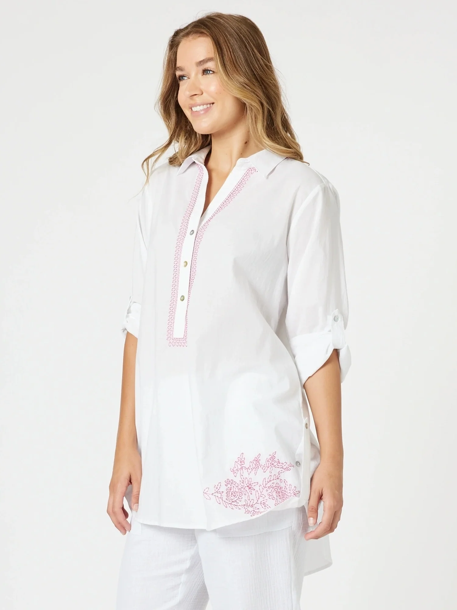 Bella Embroidered Top - White/Pink