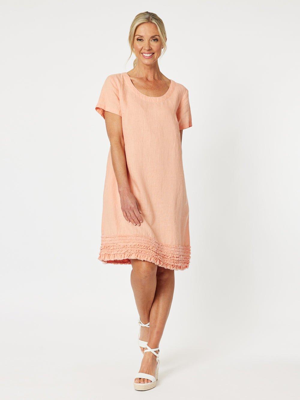 Ruffle Hem Linen Dress Scoop Neck - Mandarine