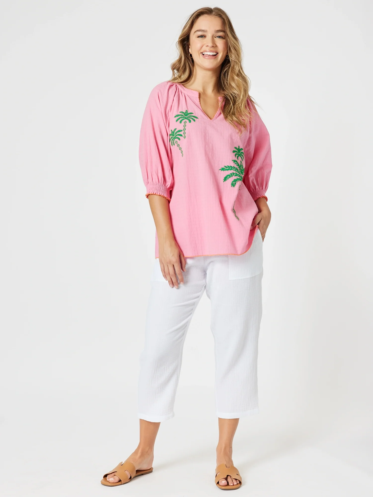 Pina Colada Embroidered Top - Pink Green