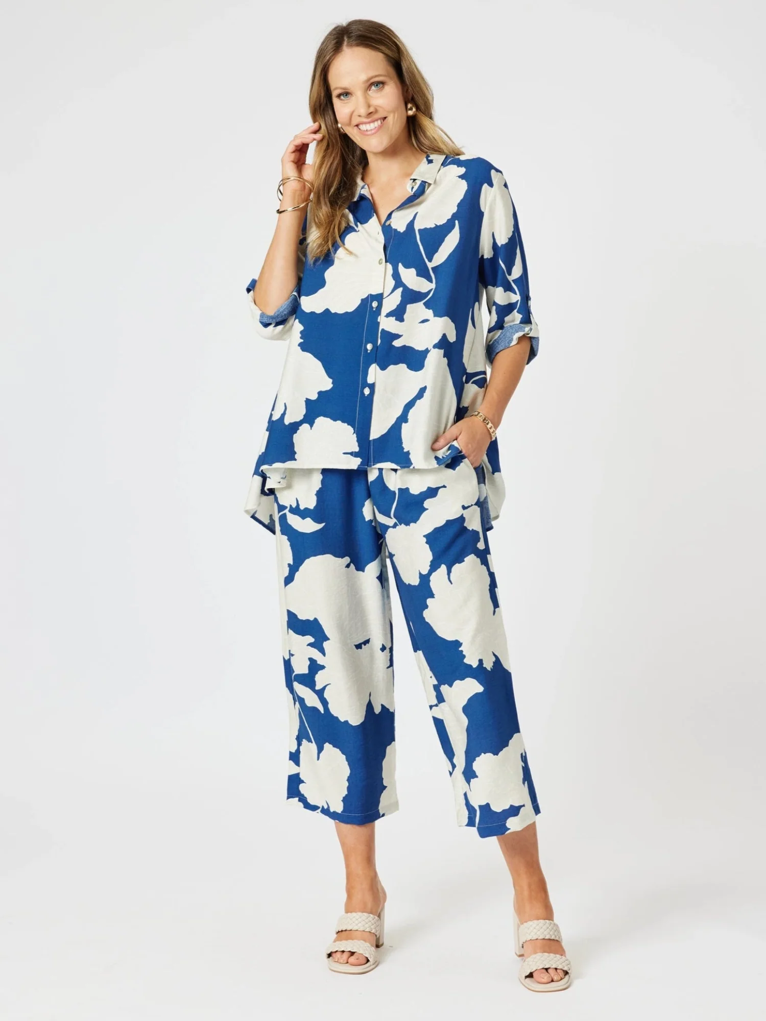 Barcelona Floral Print Shirt - Blue/Natural