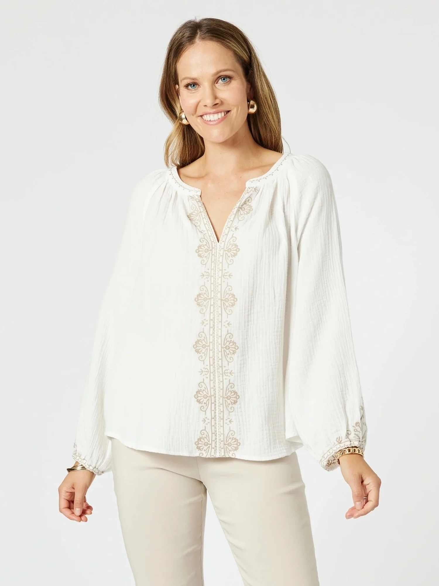Cross Stitch Embroidered Top - White/Natural