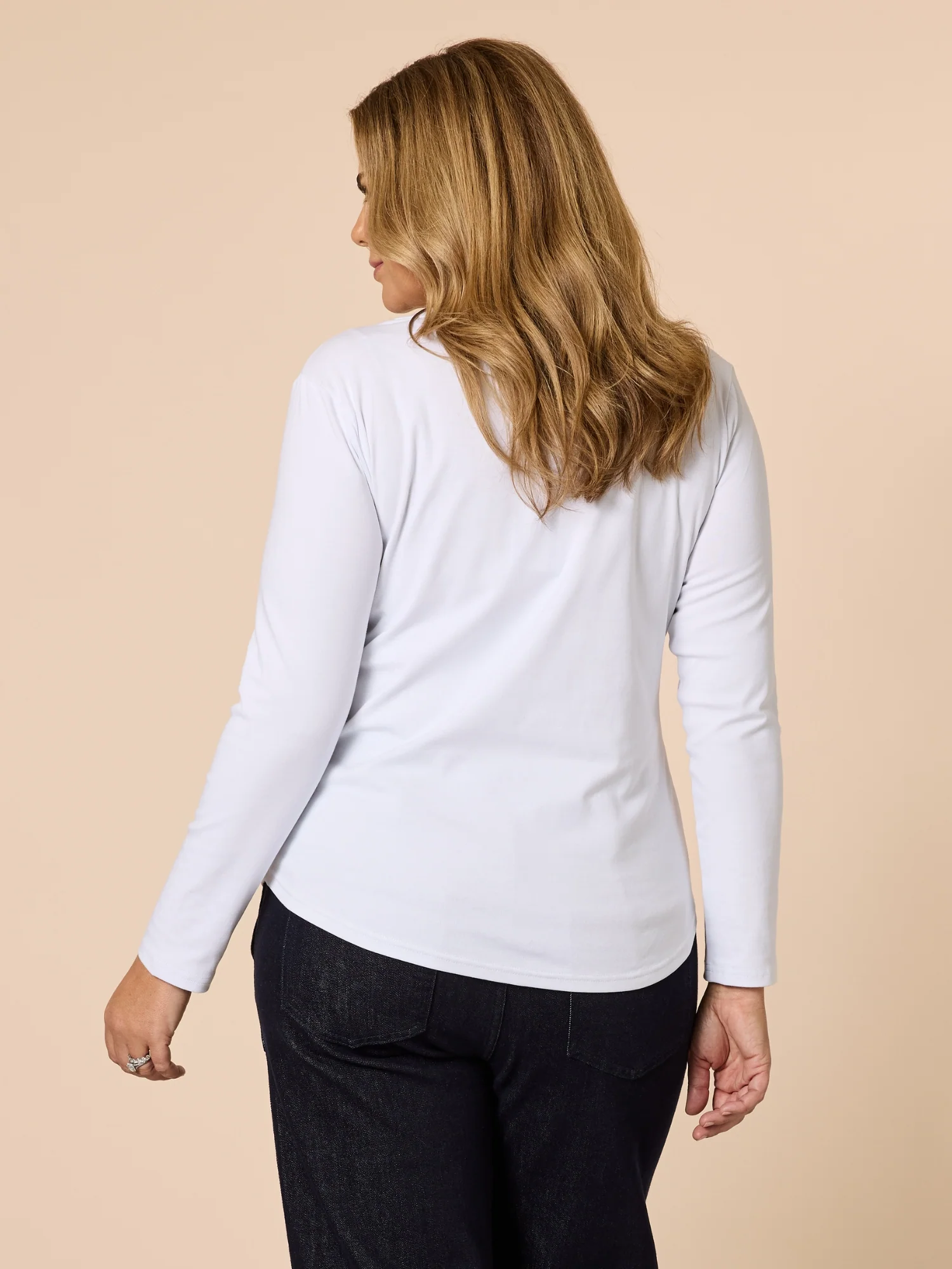 Crew Neck Cotton Rib Long Sleeve Top - White
