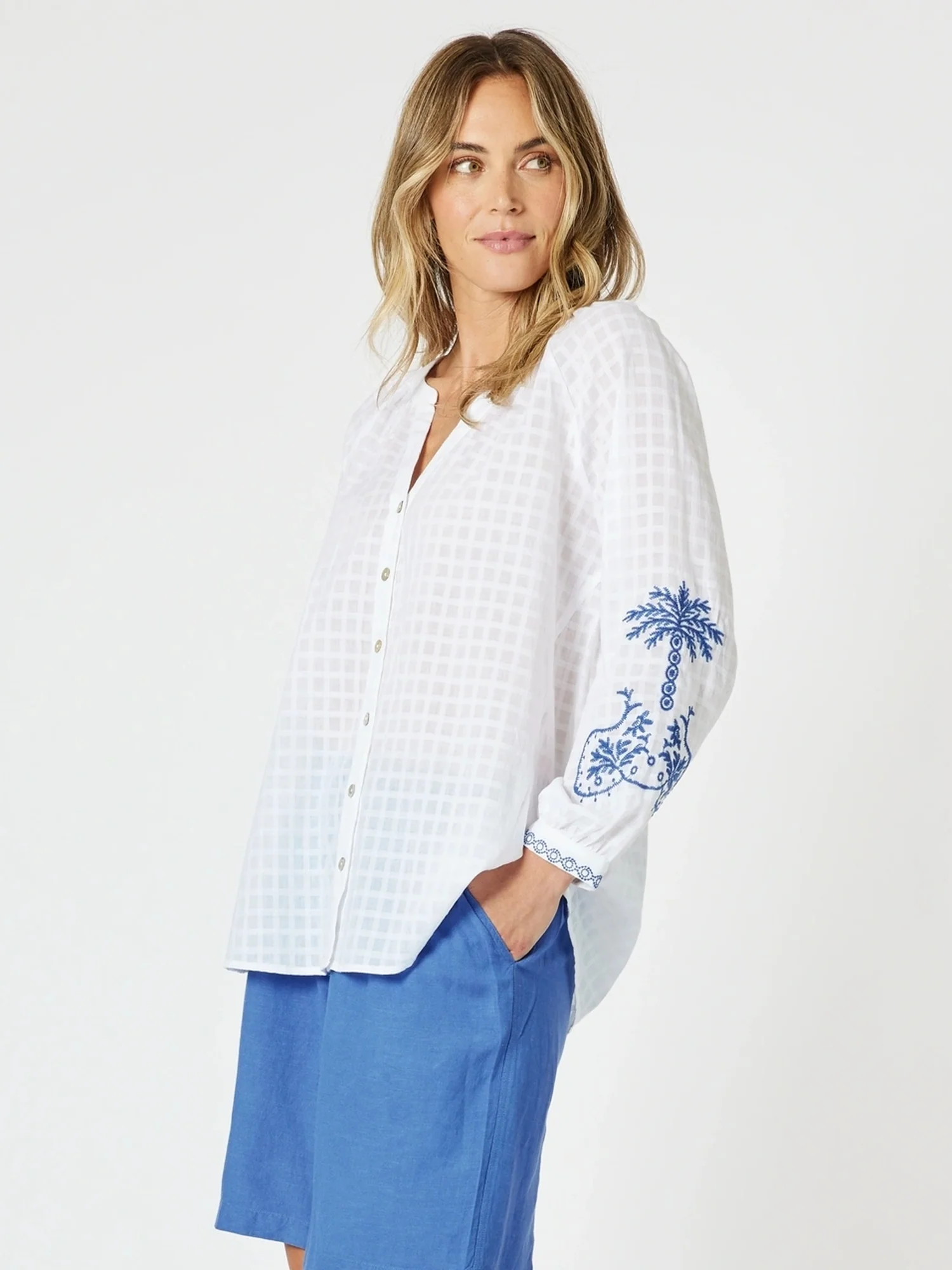 Mykonos Embroidered Sheer Blouse - White/Blue