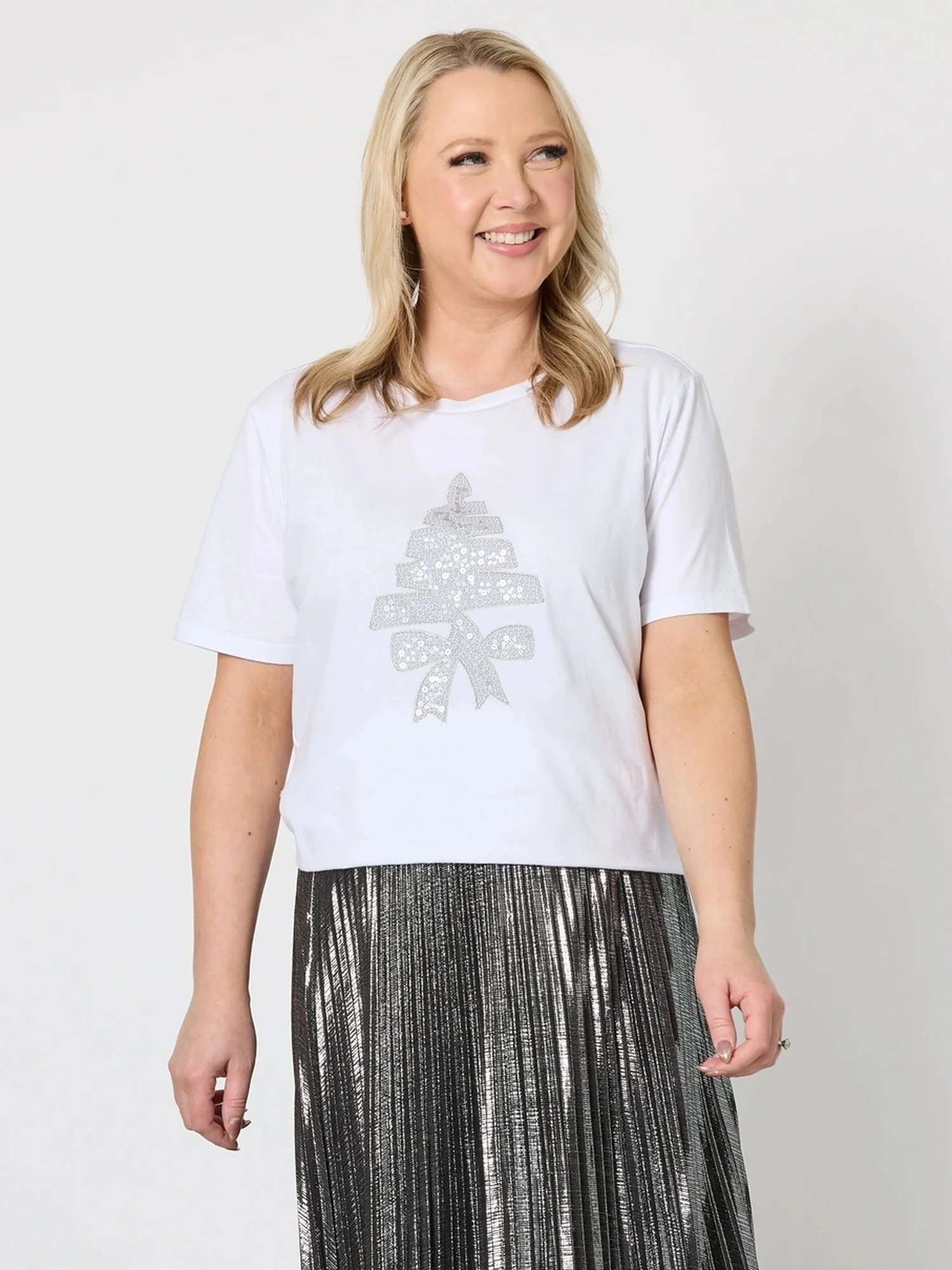 Sequin Xmas Tree Tee - White/Silver