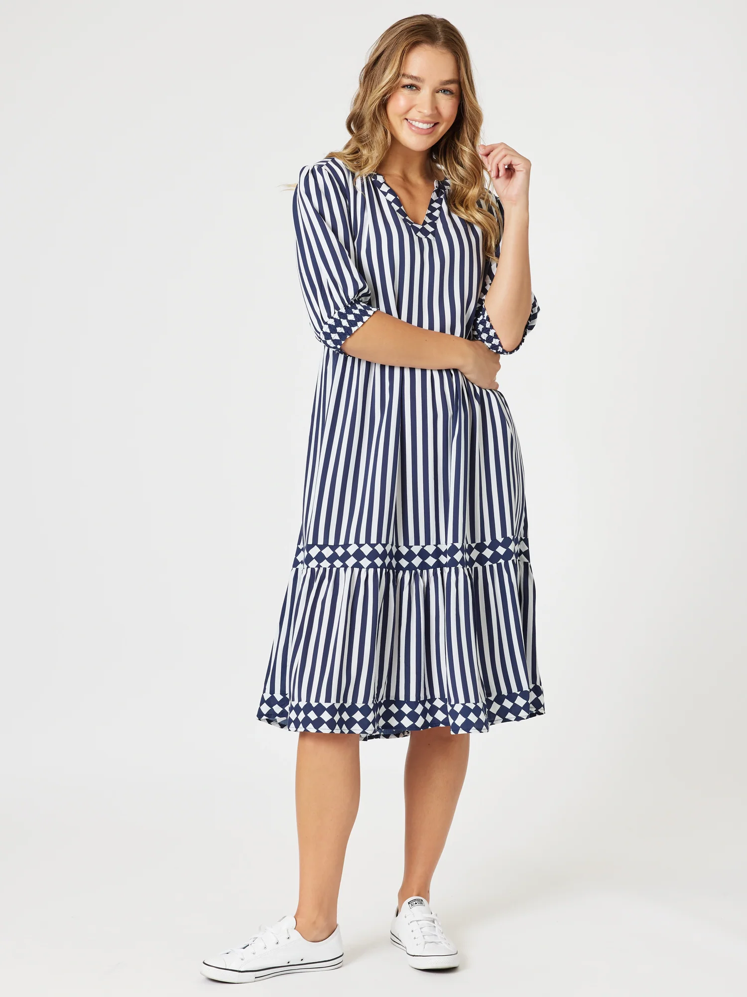 Harlequin Stripe Tier Dress - Navy/White