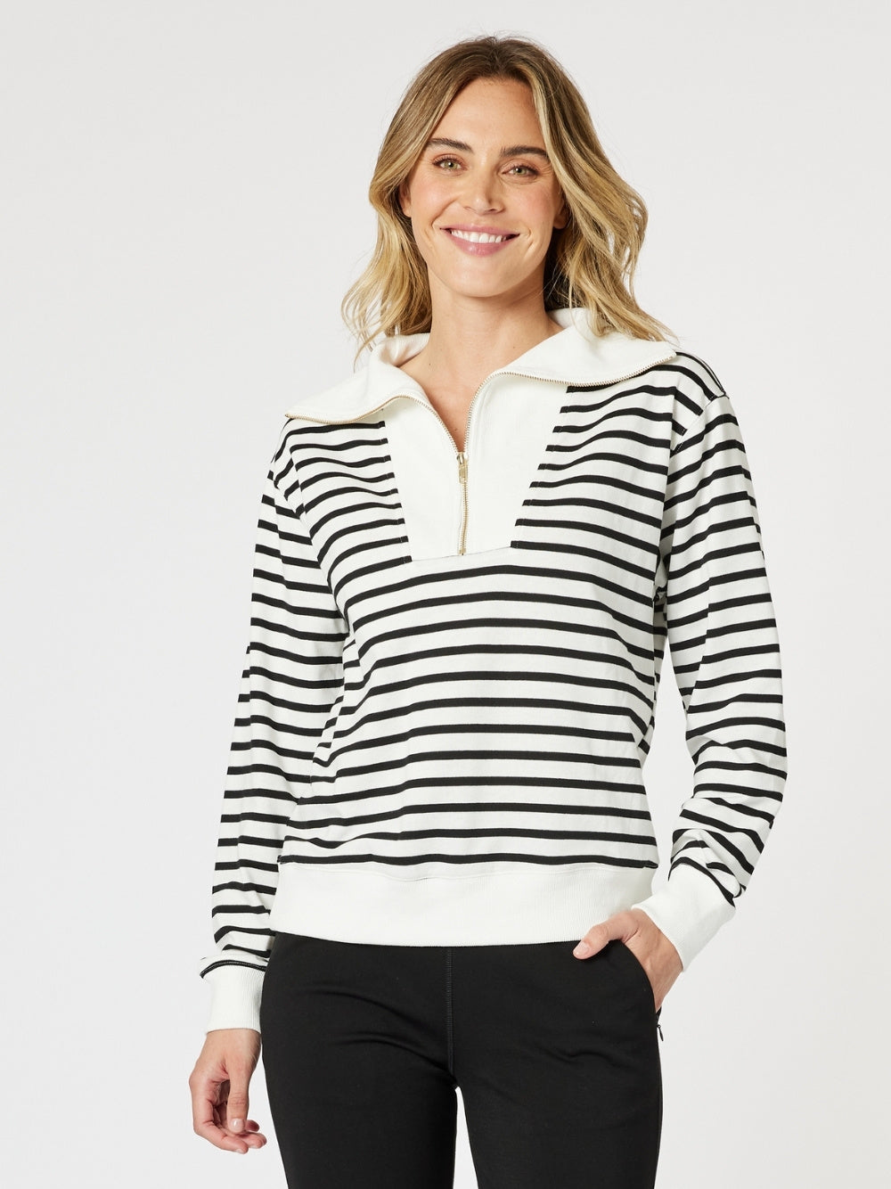Crew Zip Stripe Print Sweatshirt - Ivory/Black