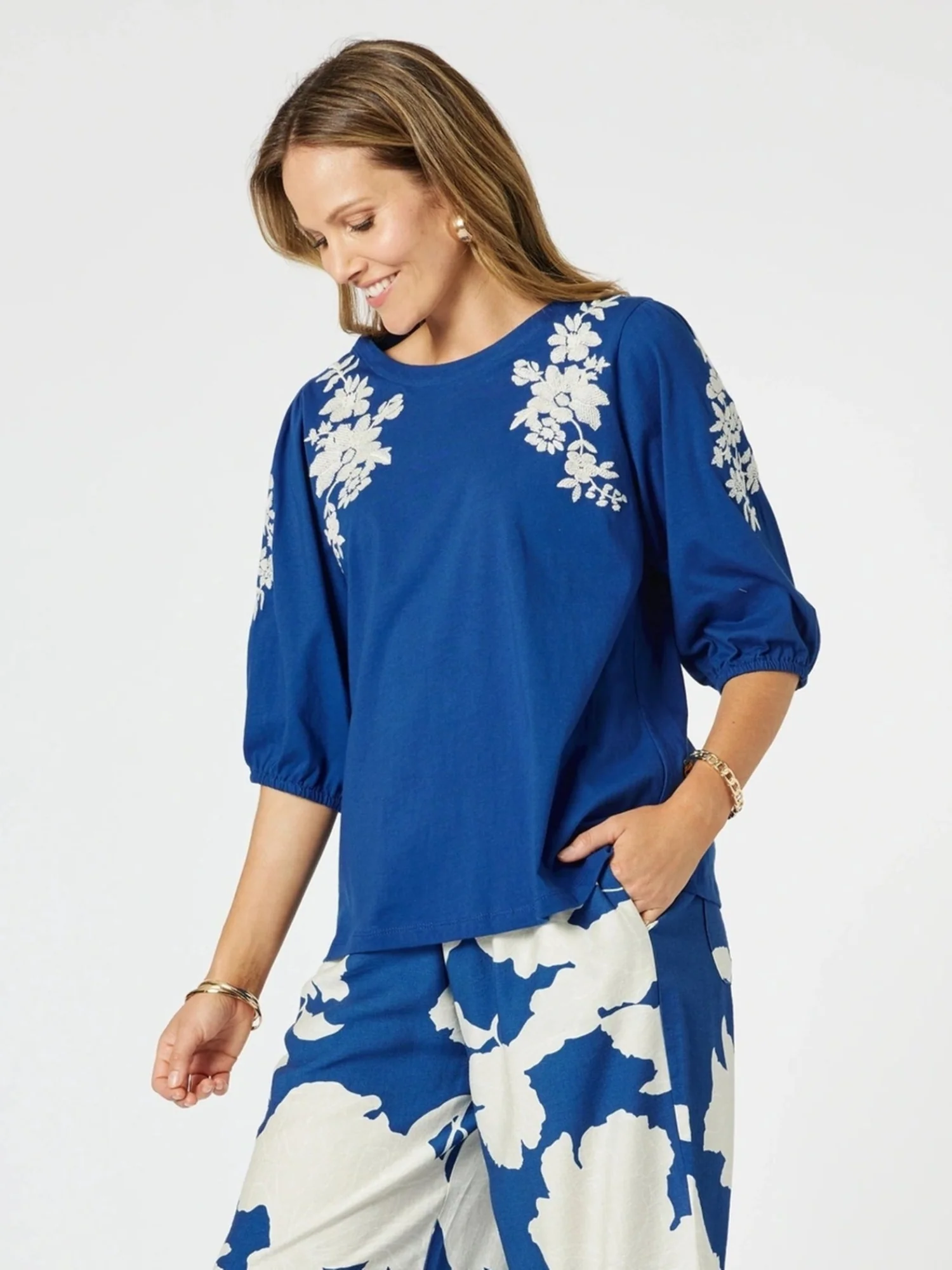 Jill Floral Embroidered Tee - Blue