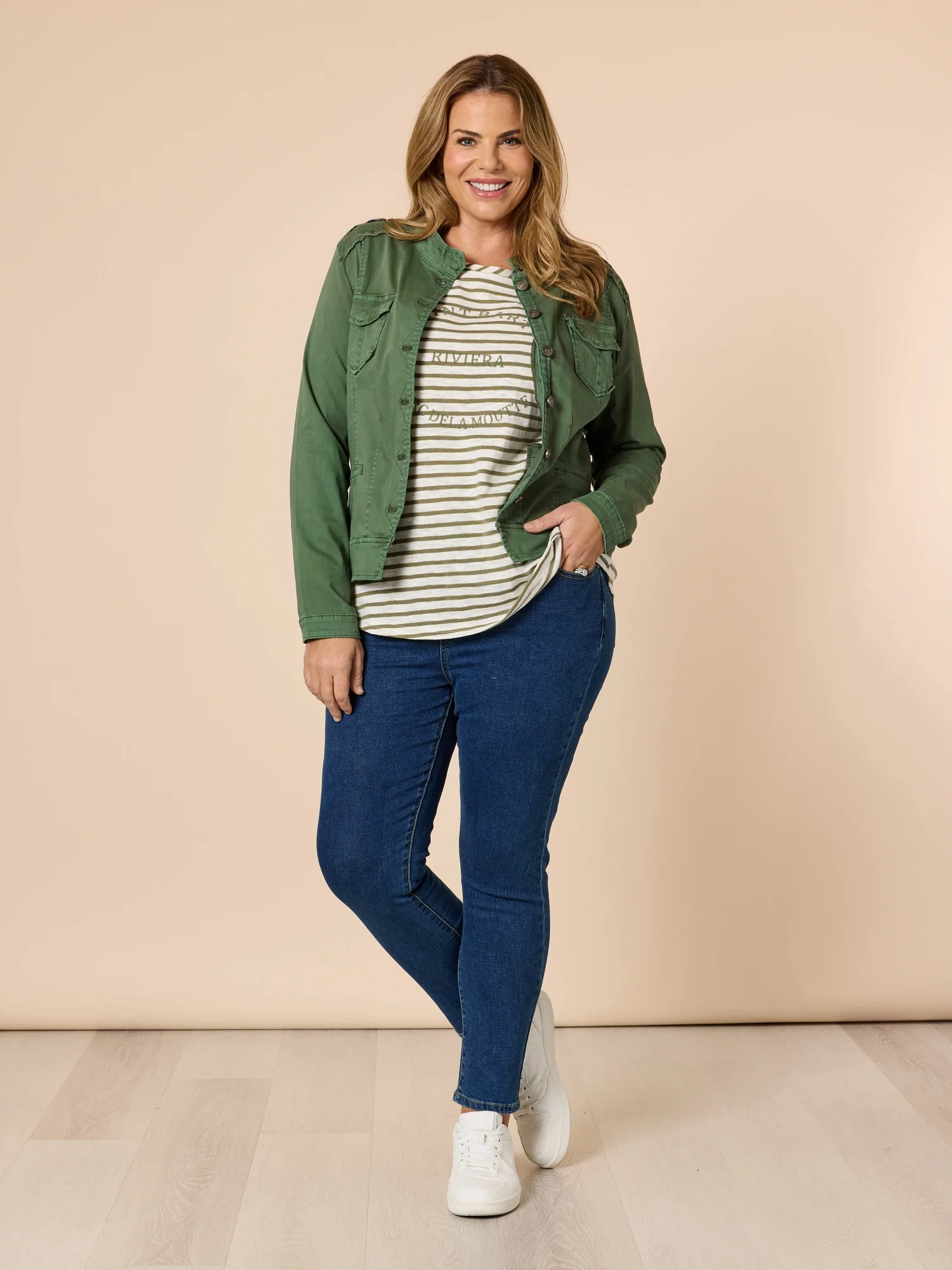 Riviera Stripe Print Long Sleeve Tee - Khaki/White