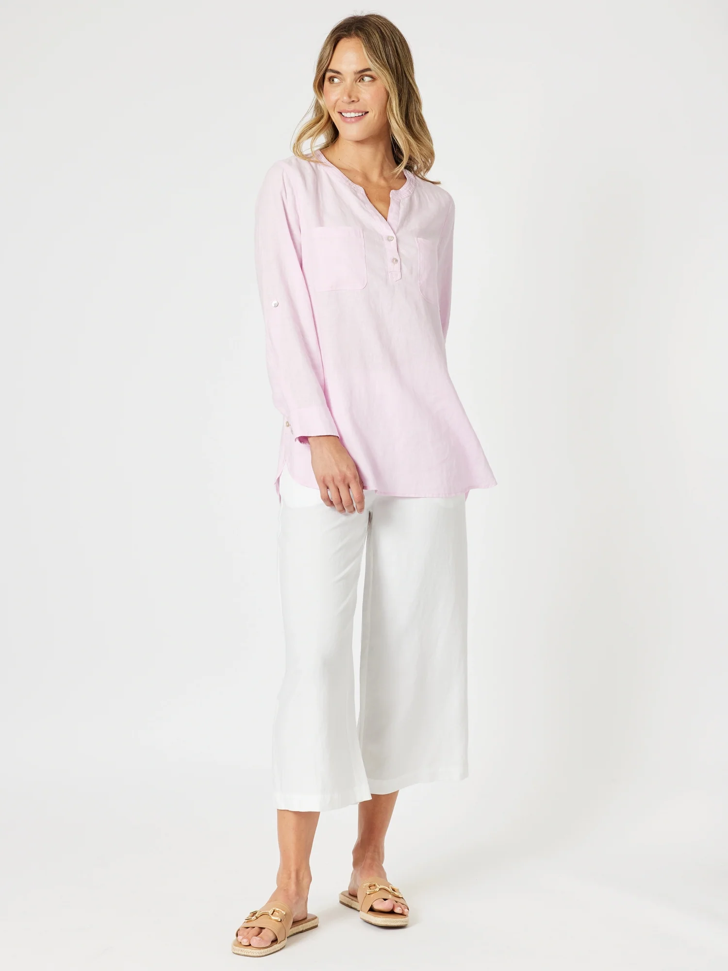 Ava Button Detail Linen Top - Pink