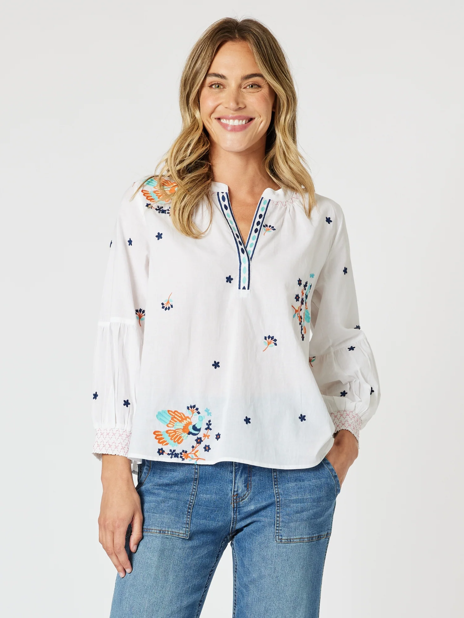 Birdie Embroidered Blouse - White Multi
