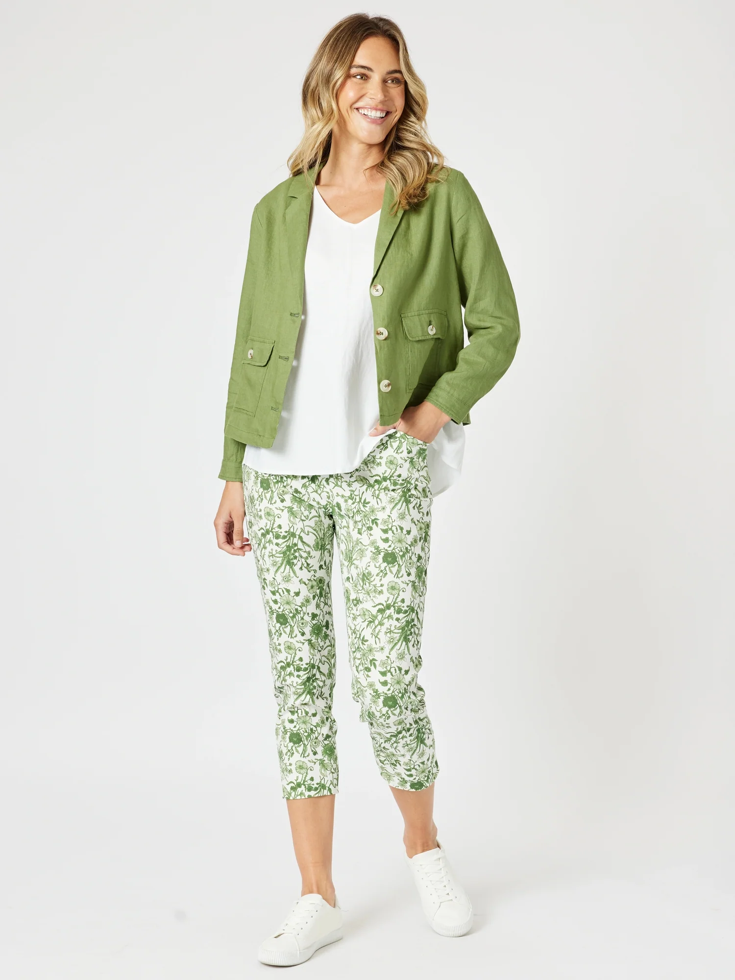 Danielle Linen Cropped Blazer - Basil
