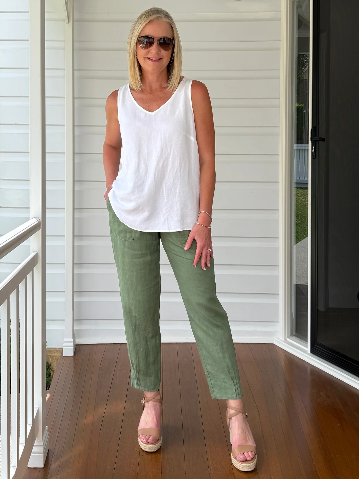 Sarah Linen Pleat Hem Pant - Khaki