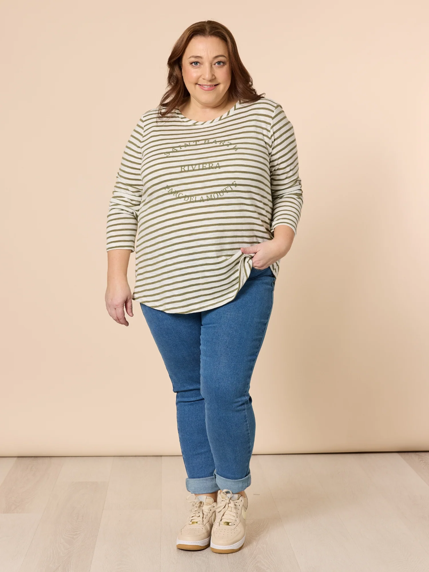 Riviera Stripe Print Long Sleeve Tee - Khaki/White