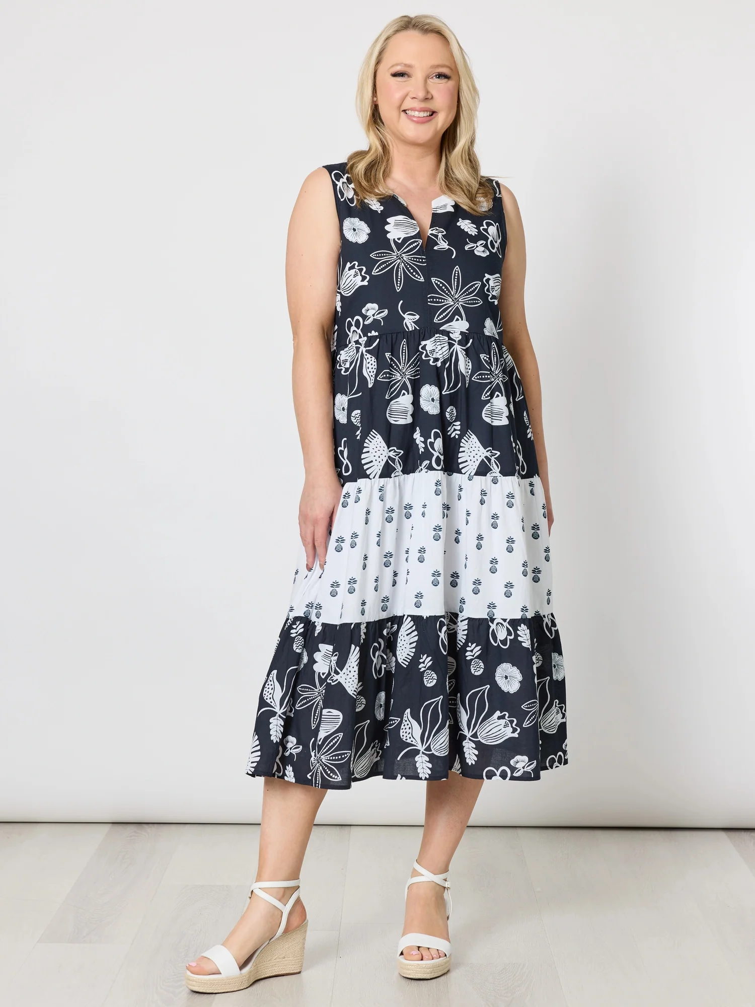Palm Springs Floral Print Dress - Navy/White