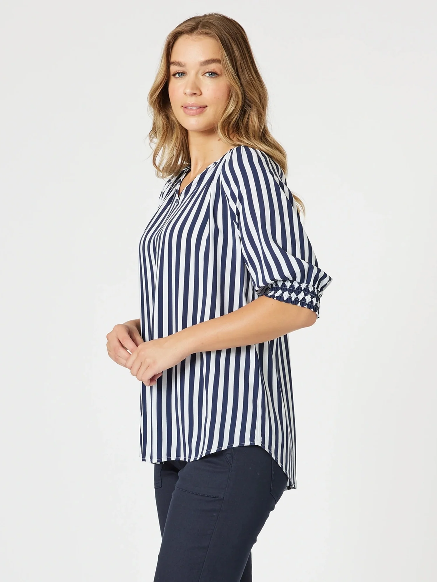 Harlequin Stripe Print Top - Navy/White