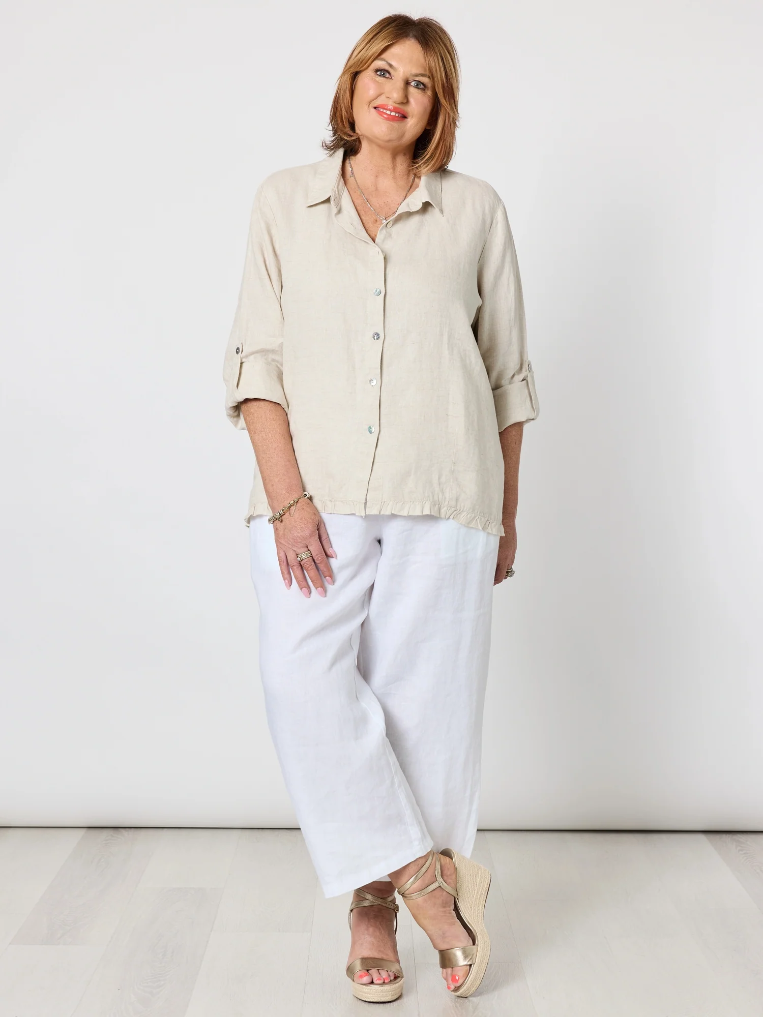 Ruffle Hem Linen Shirt - Natural
