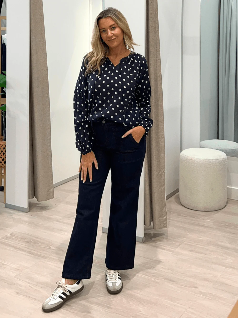 Sorrento Spot Print Sheer Blouse - Navy/White