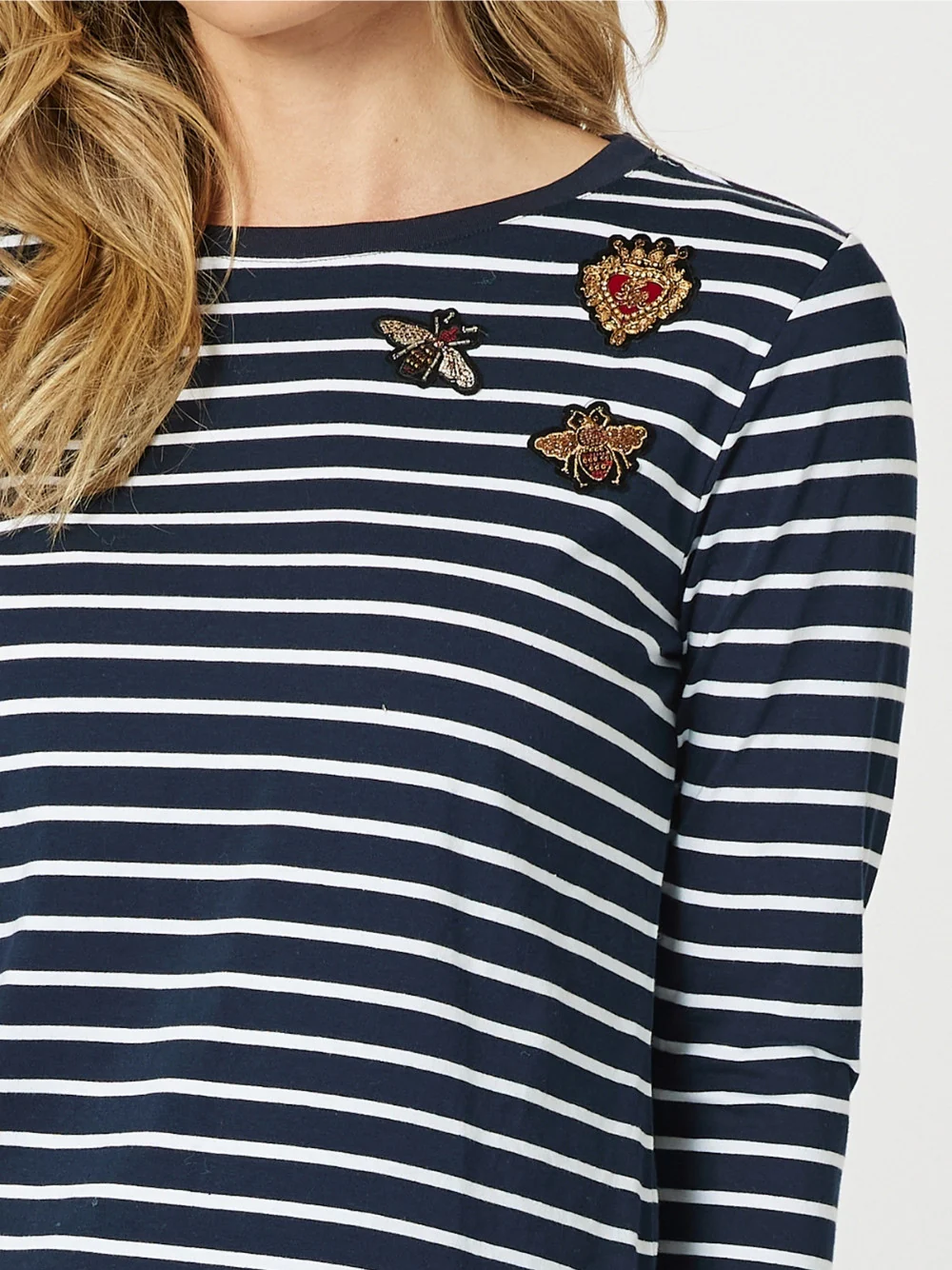 Badge Detail Stripe Long Sleeve Tee - Navy/White