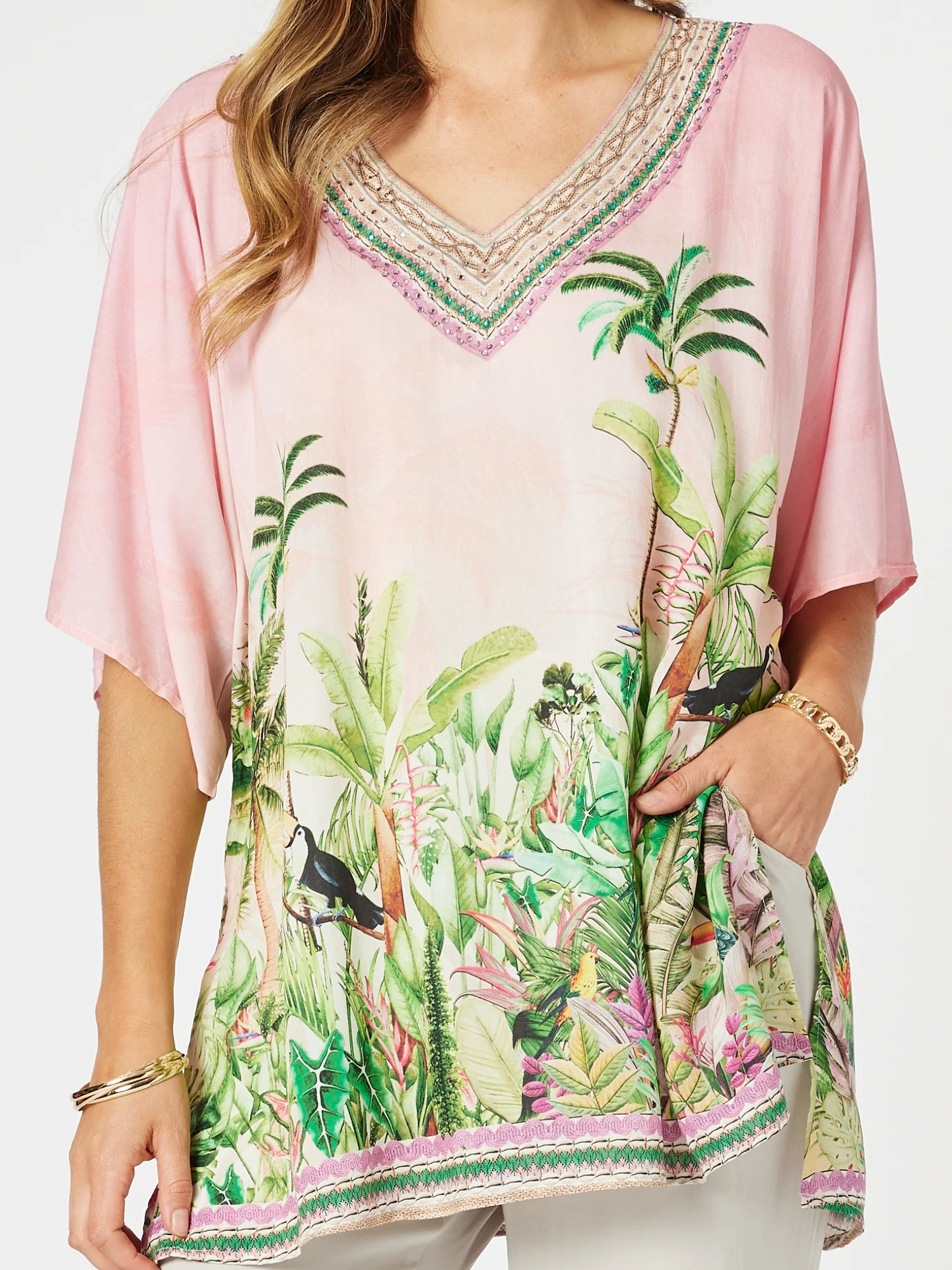 Toucan Print V Neck Top - Pink