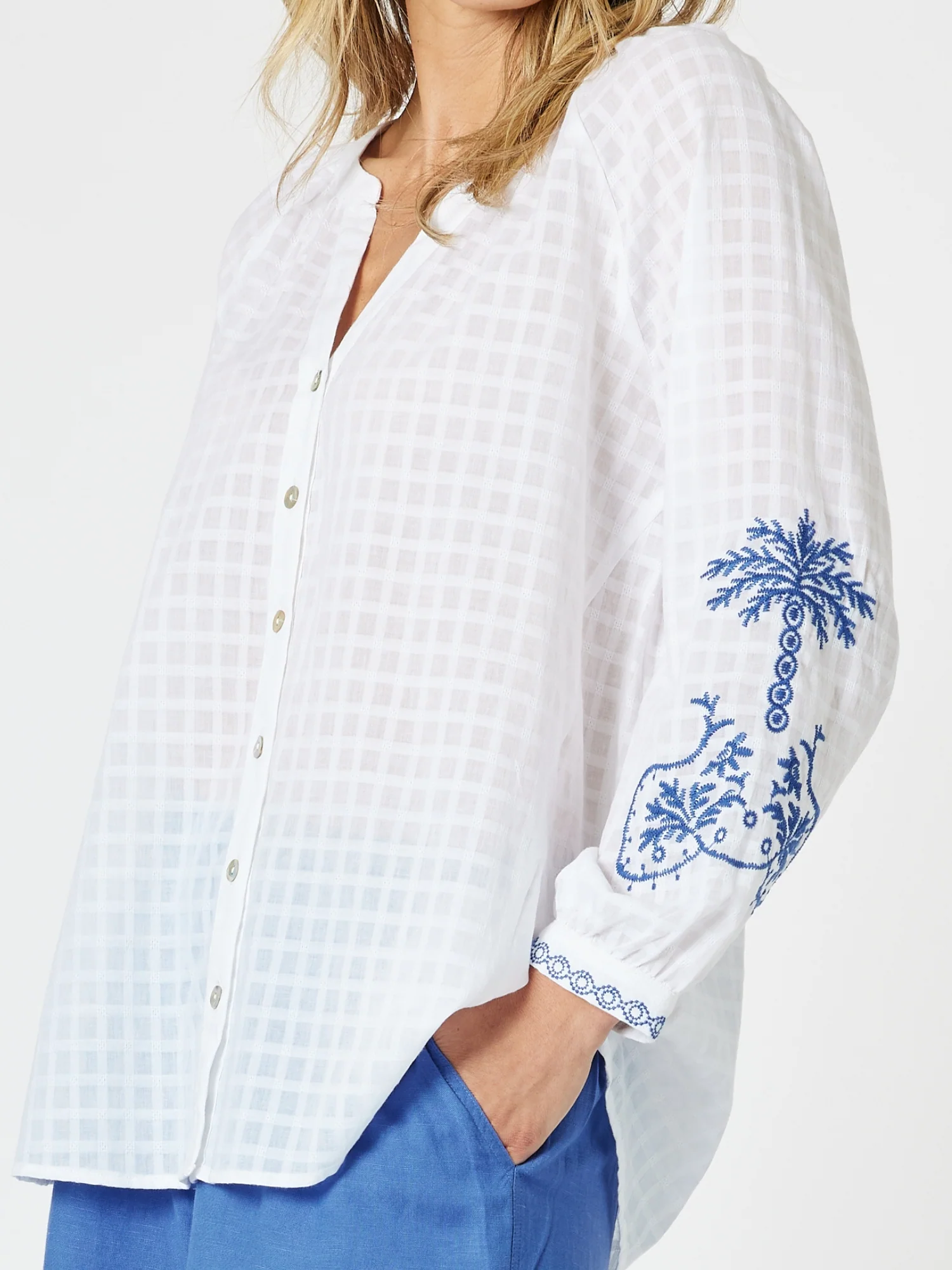 Mykonos Embroidered Sheer Blouse - White/Blue