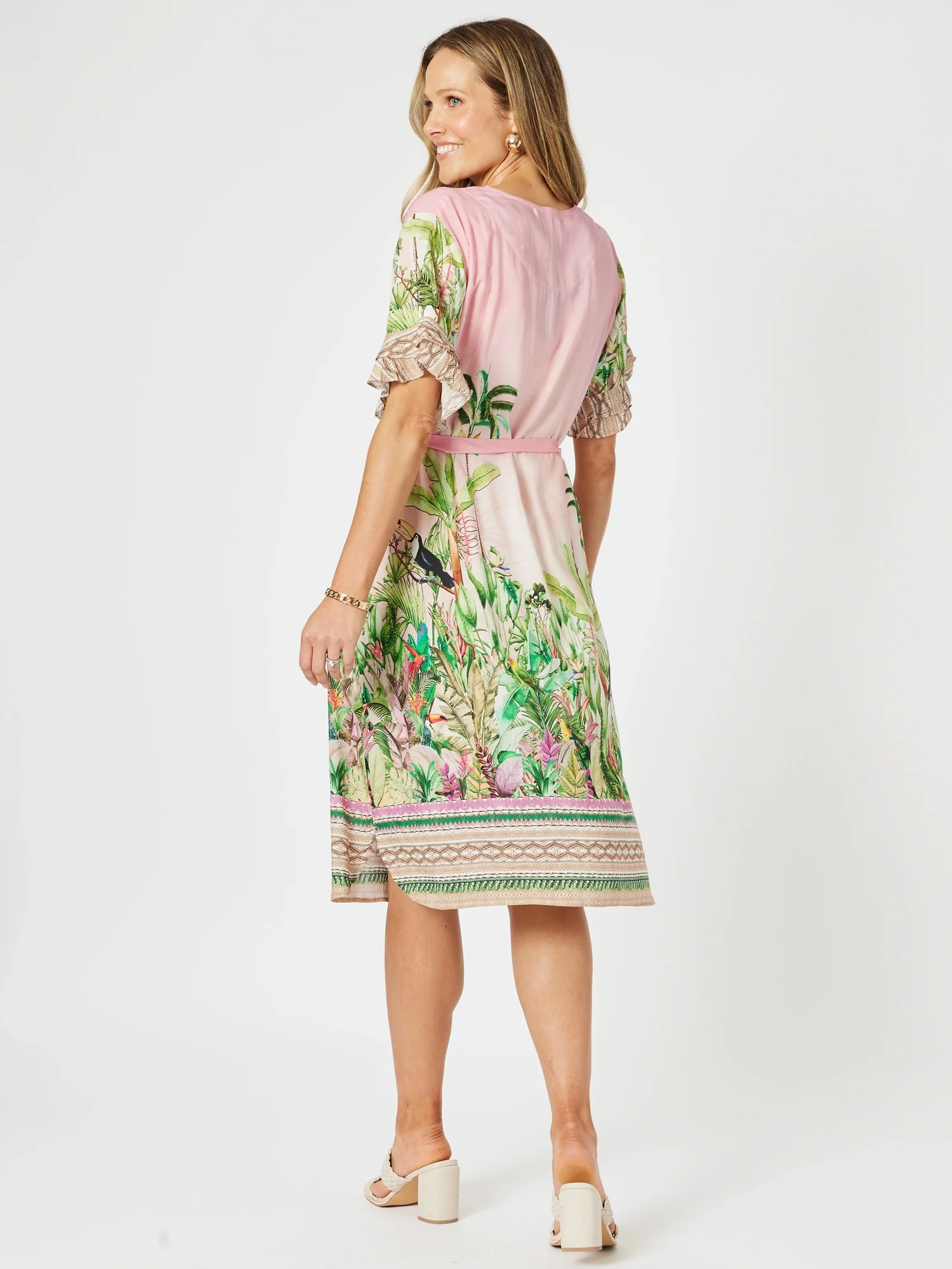 Toucan Print Ruffle Sleeve Dress - Pink
