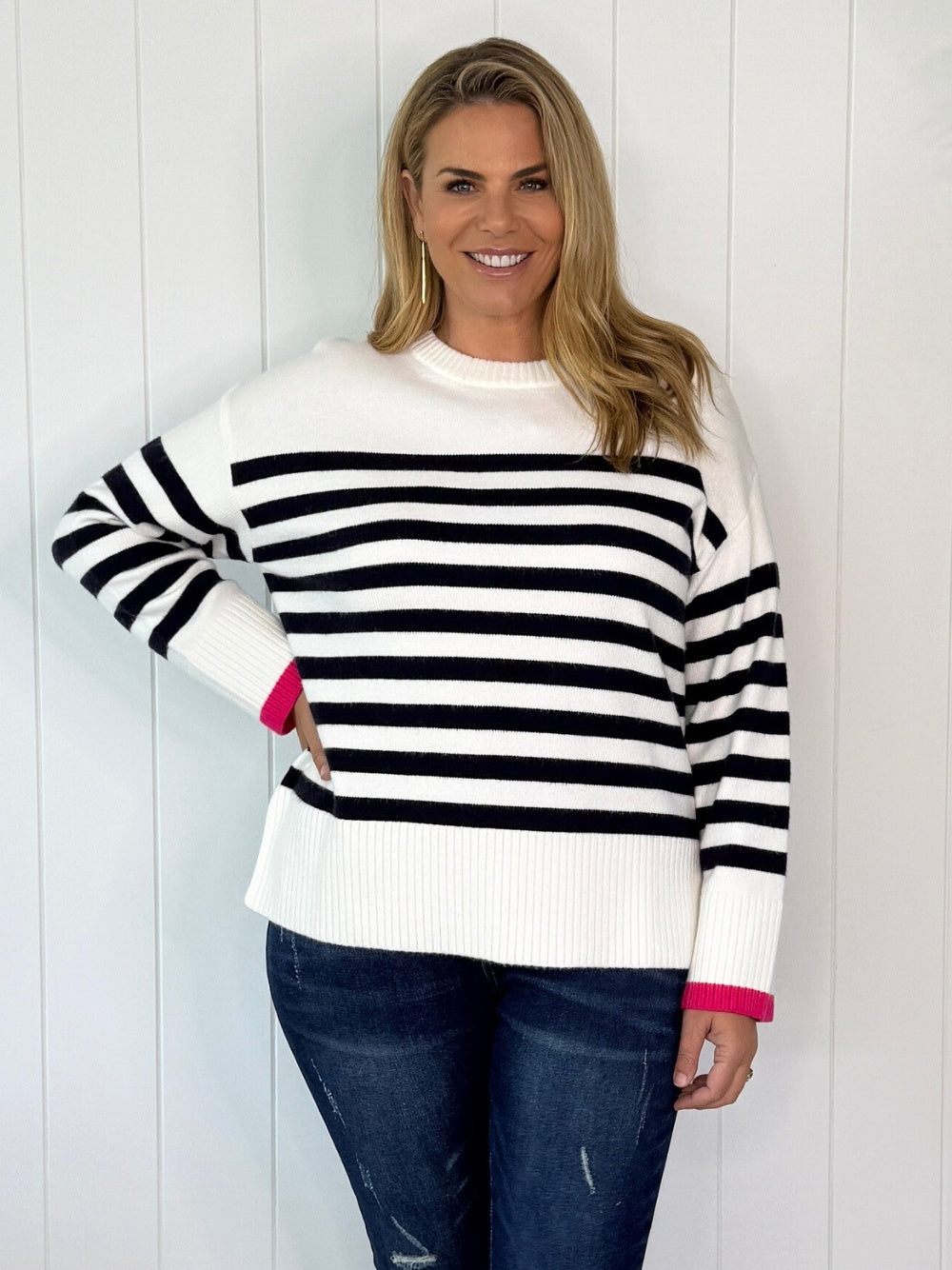 Tempo Stripe Print Knit Top - Navy/White