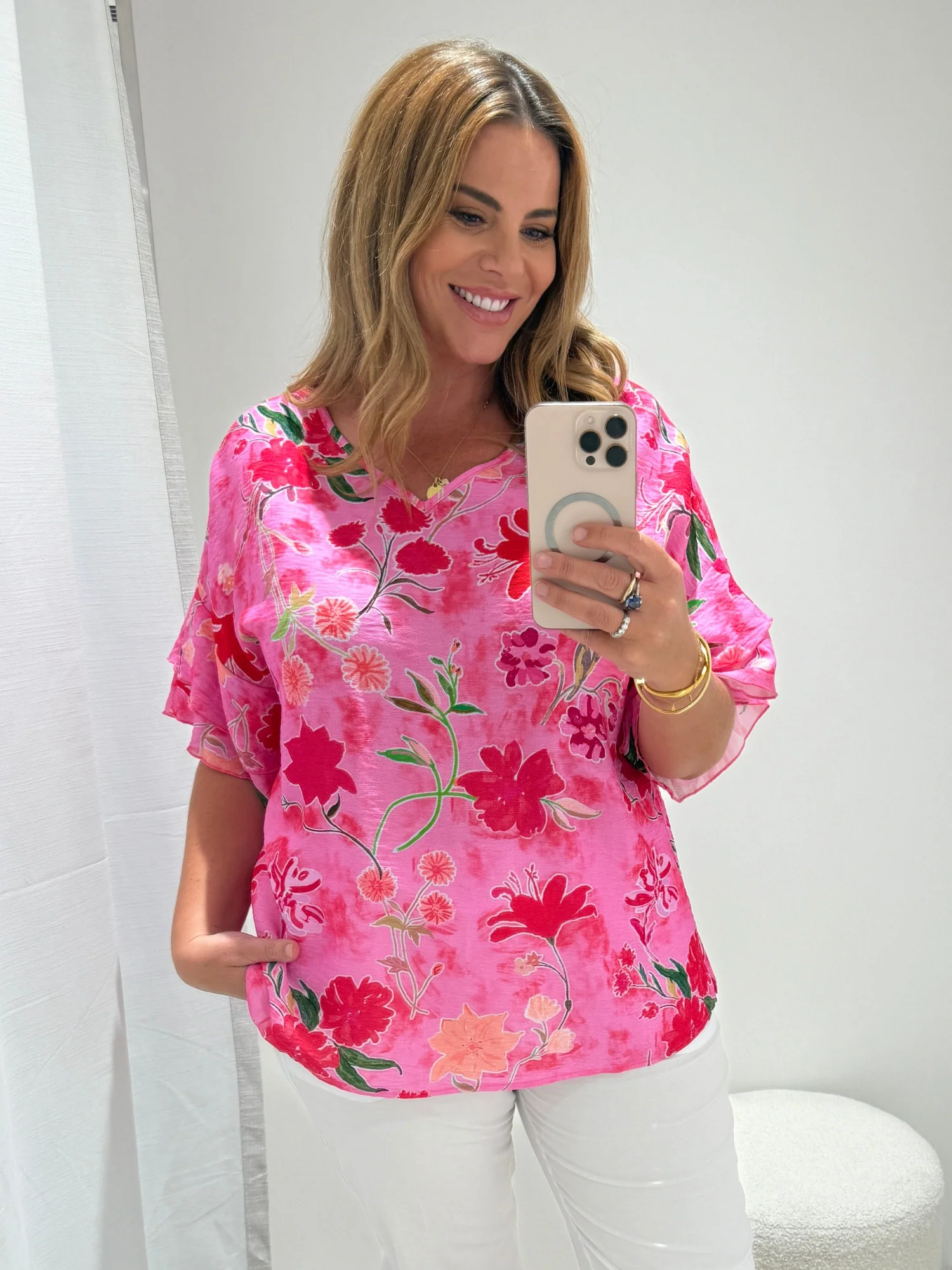 Summer Gala Floral Print Top - Hot Pink