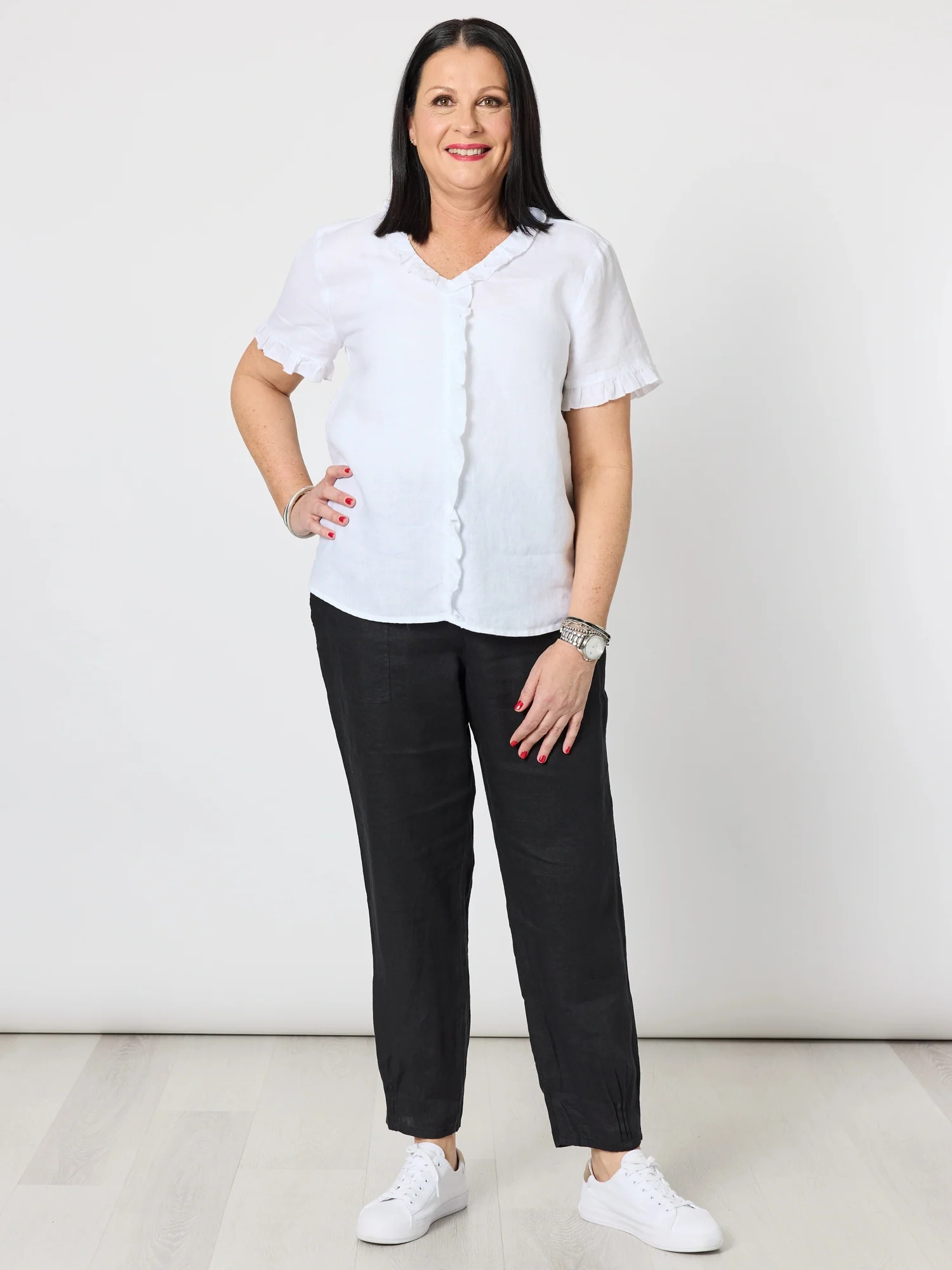 Sarah Linen Pleat Hem Pant - Black