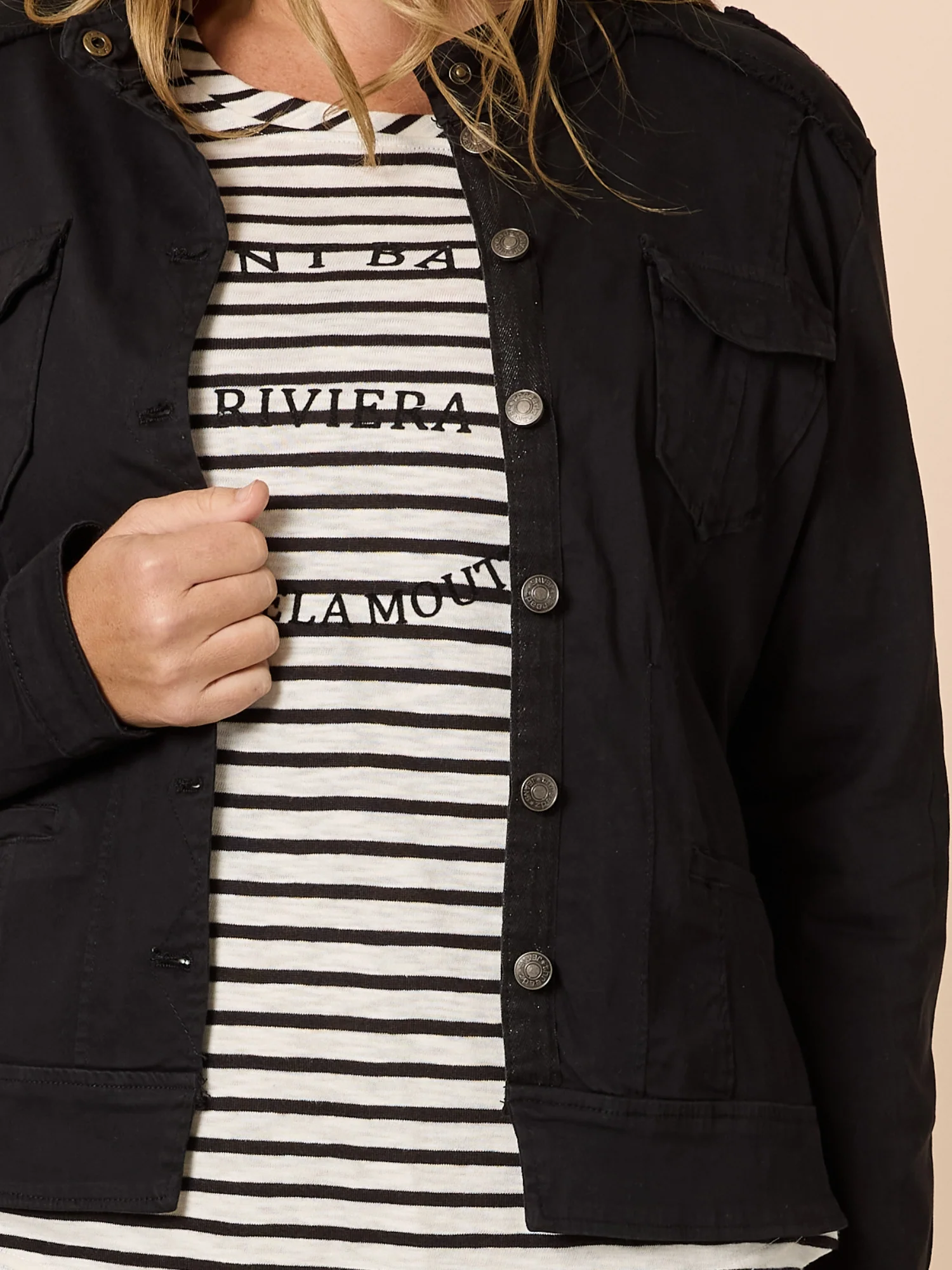 Military Style Denim Jacket - Black