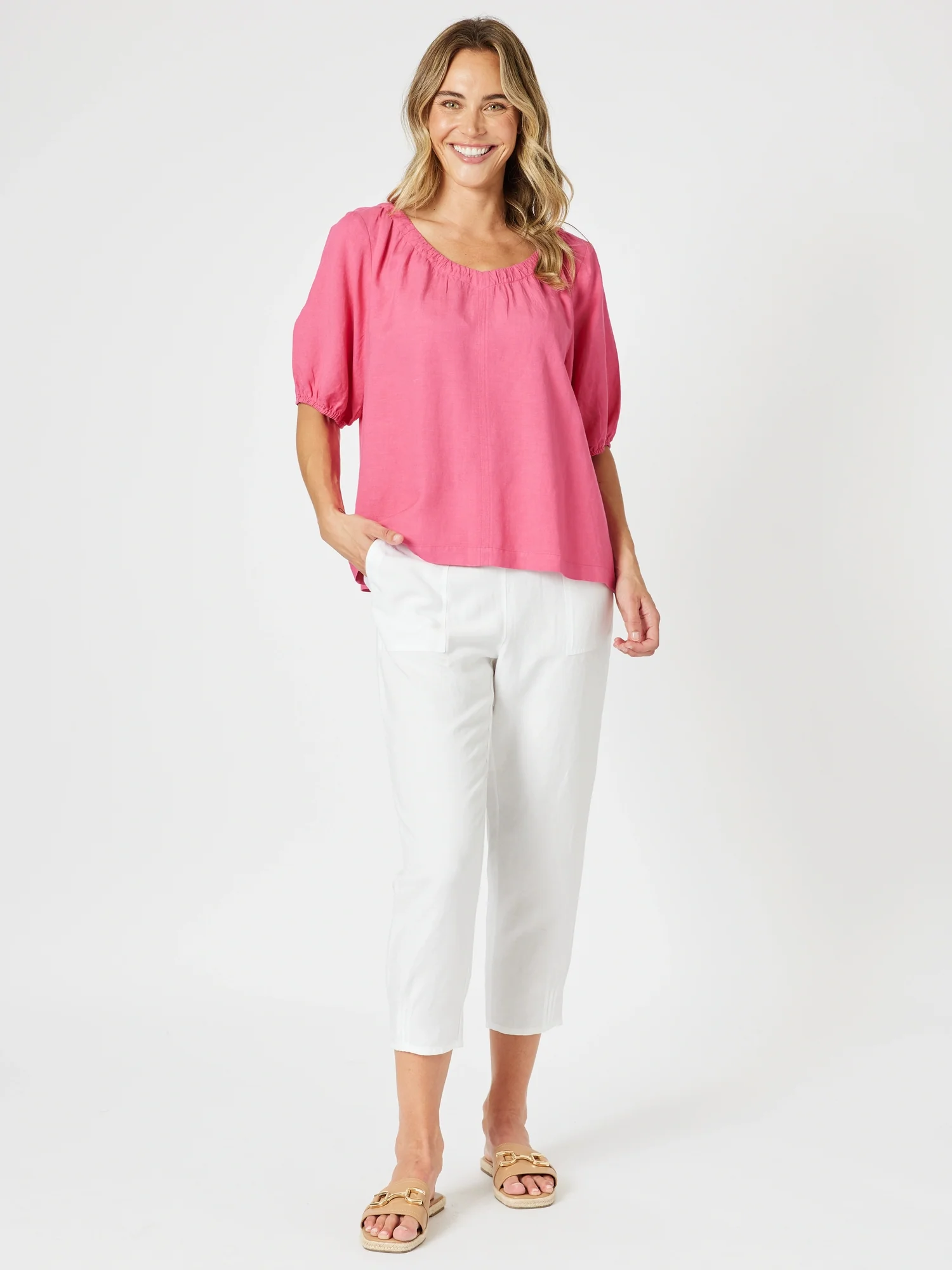 Lino V Neck Top - Peony