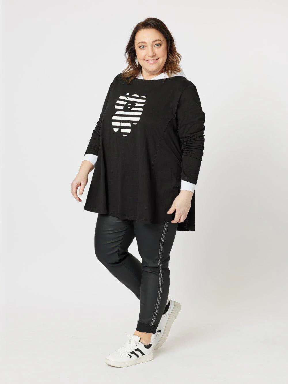 Stripe Daisy Long Sleeve Top - Black