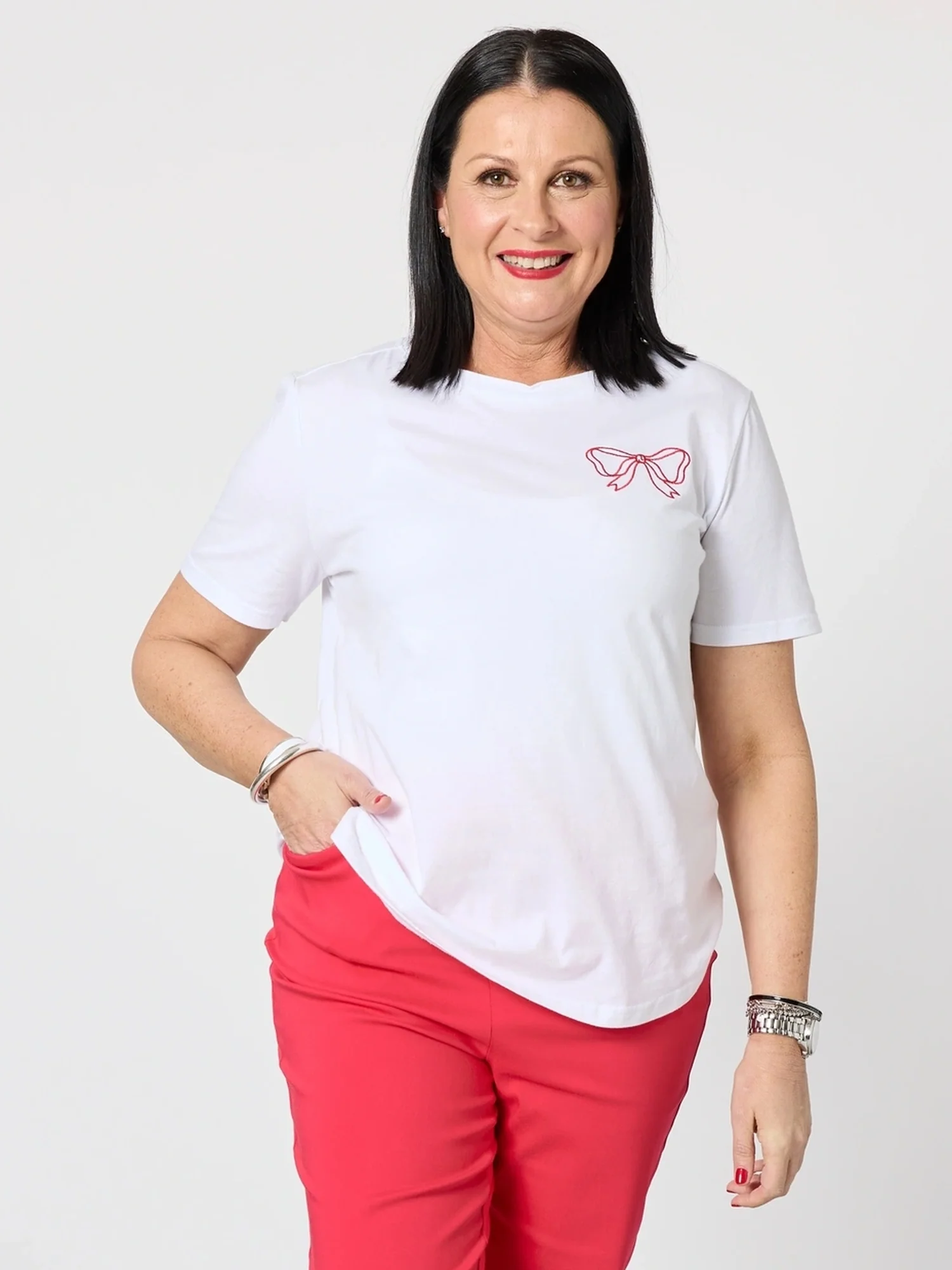 Embroidered Bow Tee - White